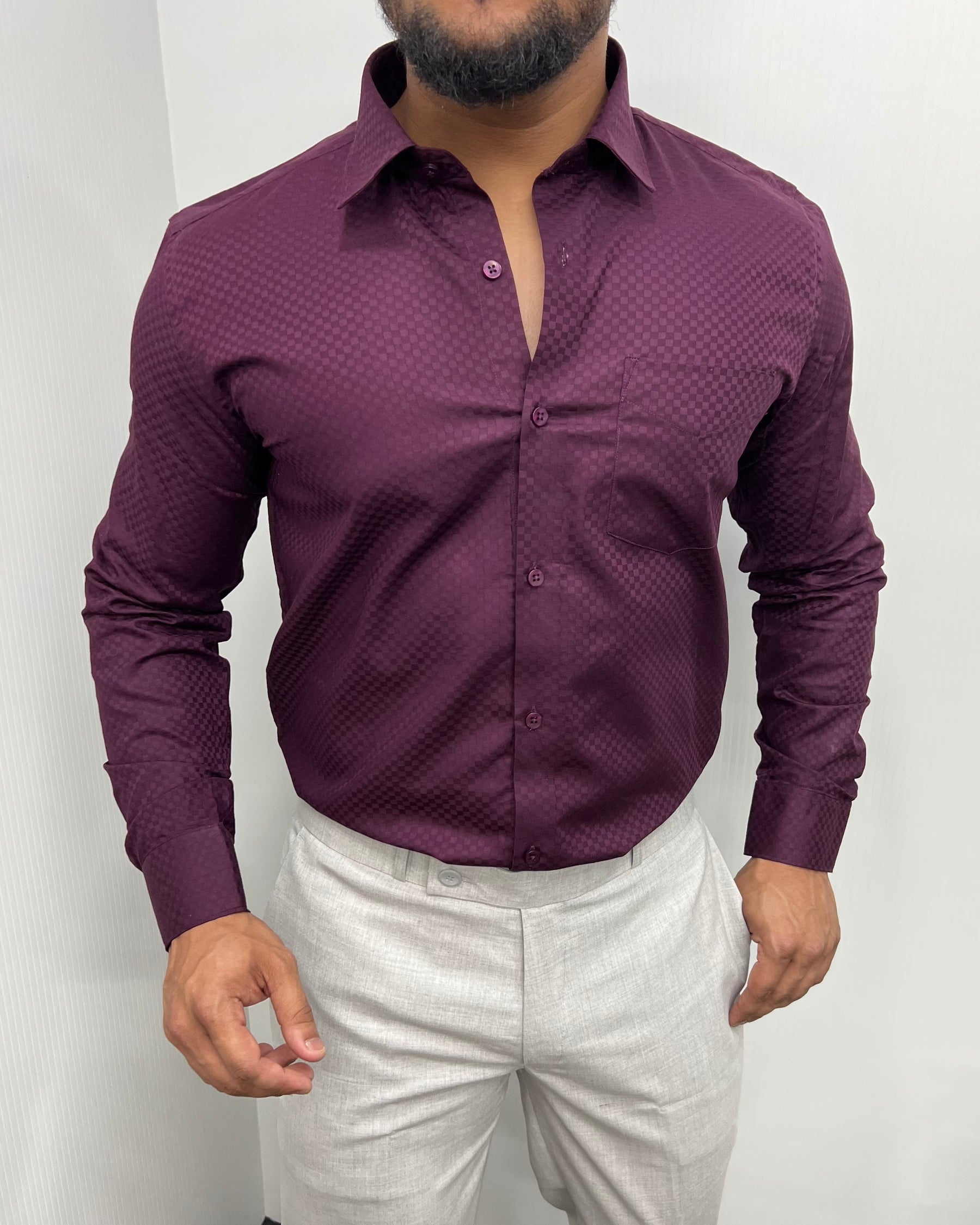 Wine Cotton Self Checks Shirt