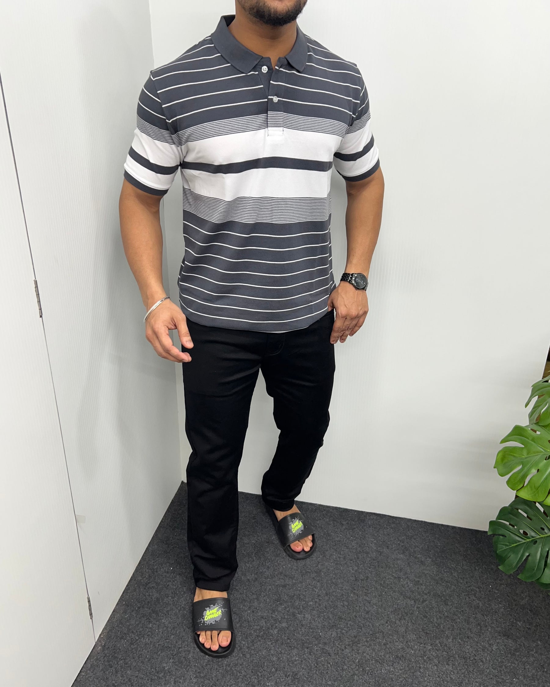 Dark Gray Collar Matty Striped T-Shirt