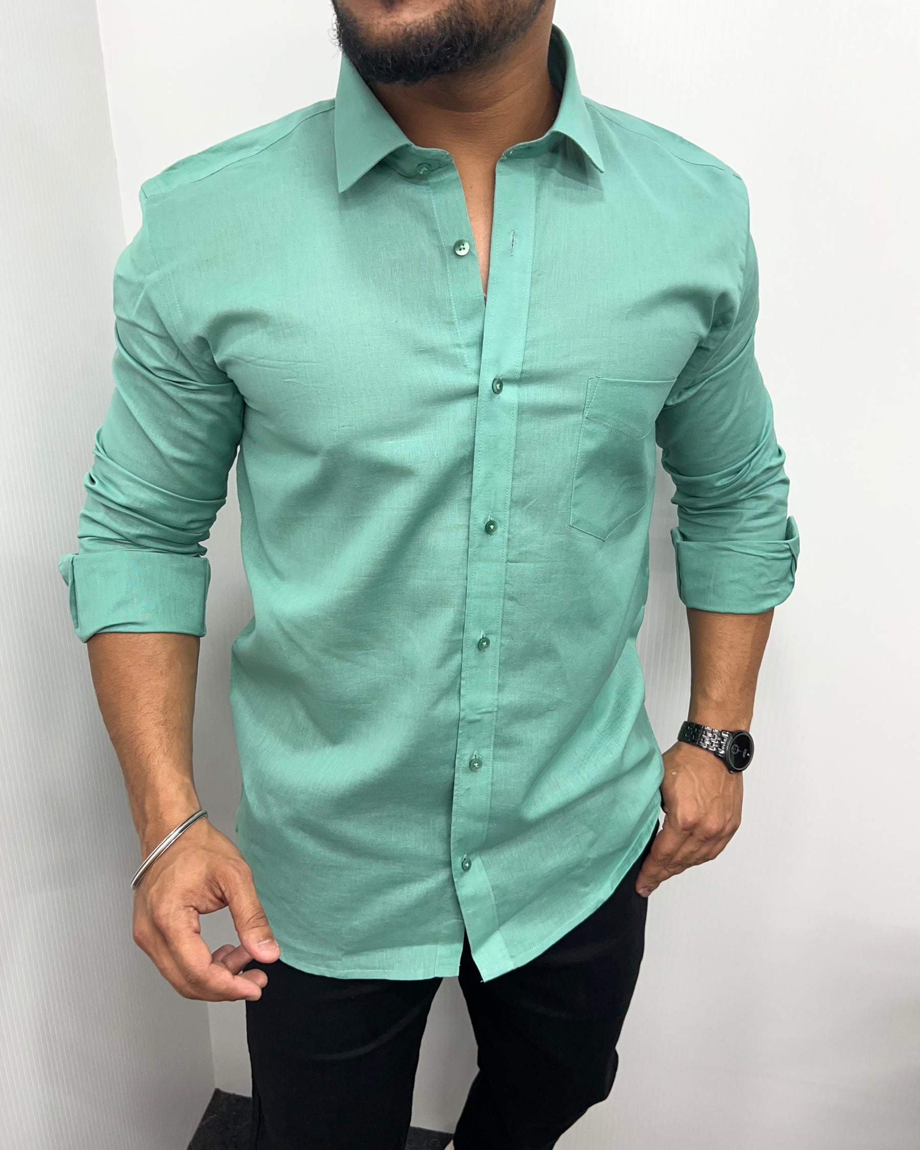 Mint Green Pure Cotton Linen Premium Full Sleeve Shirt