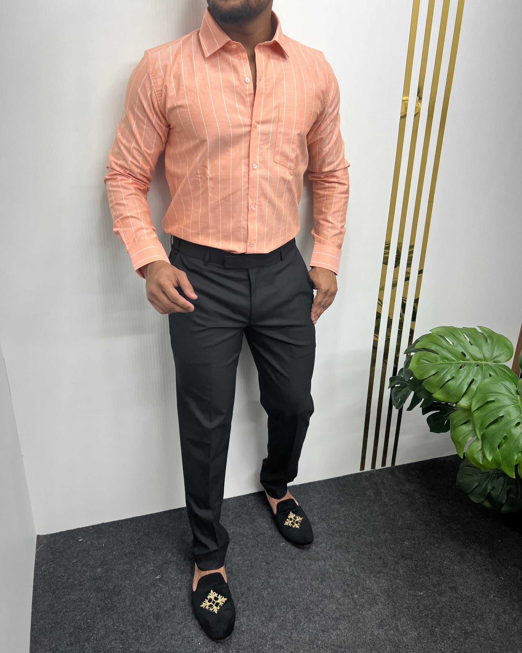 Pastel Orange Oxford Premium Fine Cotton Vertical Striped Shirt