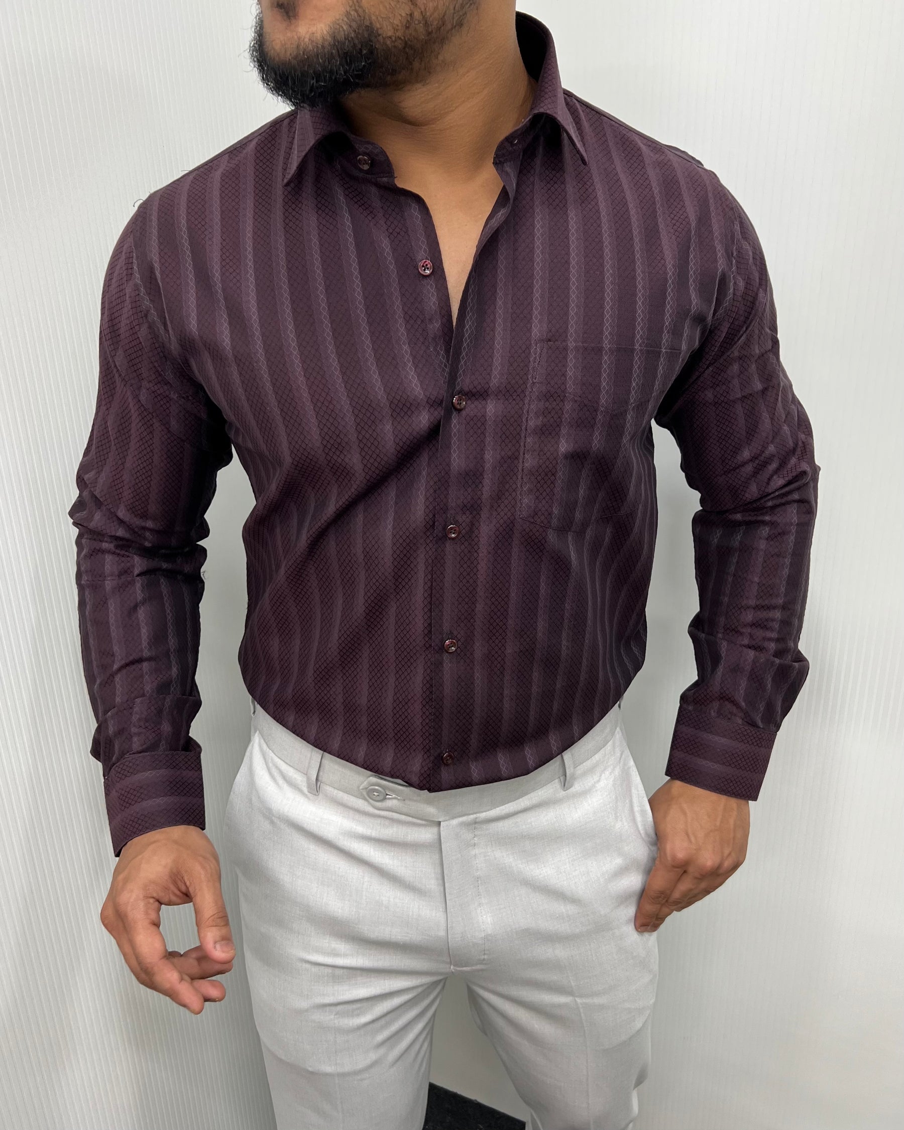 Maroon Self Jacquard Striped Premium Giza Cotton Shirt