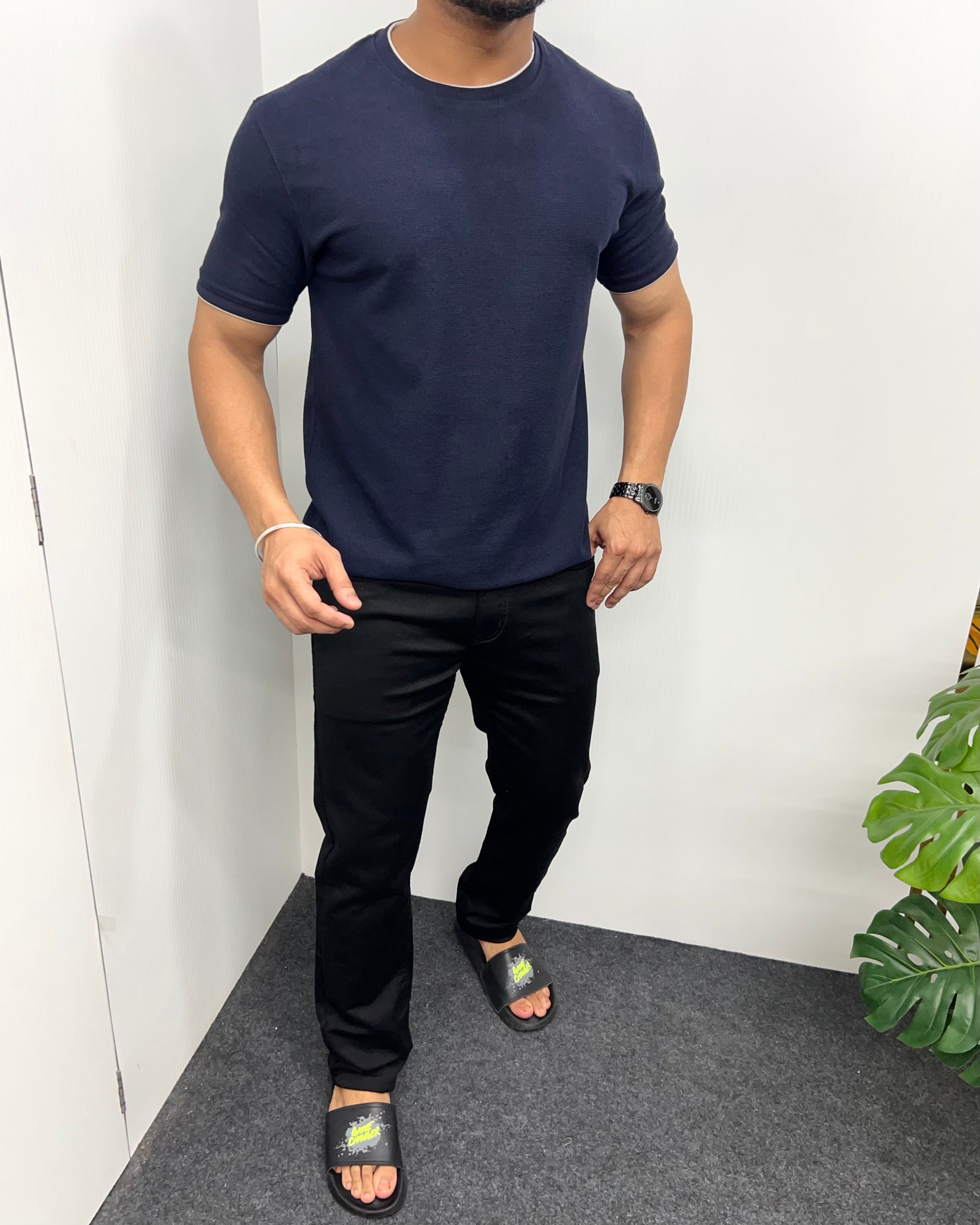 Navy Blue Plain Half Sleeve Knit T-Shirt