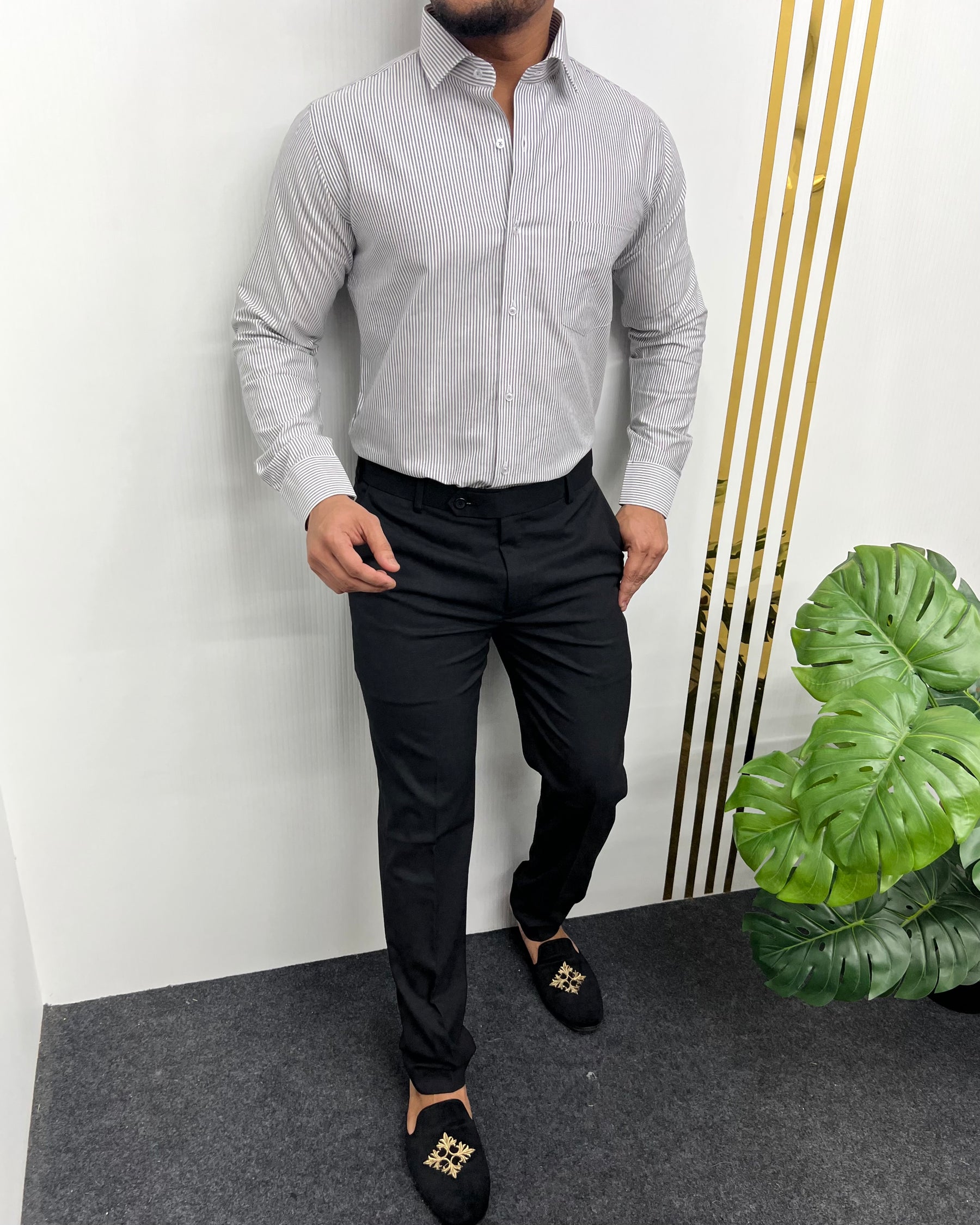 Gray Oxford Very Premium Fine Cotton Fabric Vertical Striped Shirt