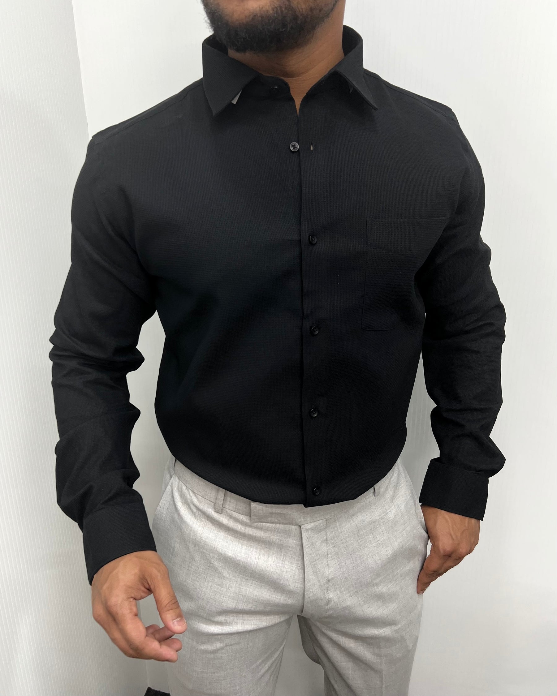 Black Premium Cotton Polyblend Waffle Shirt