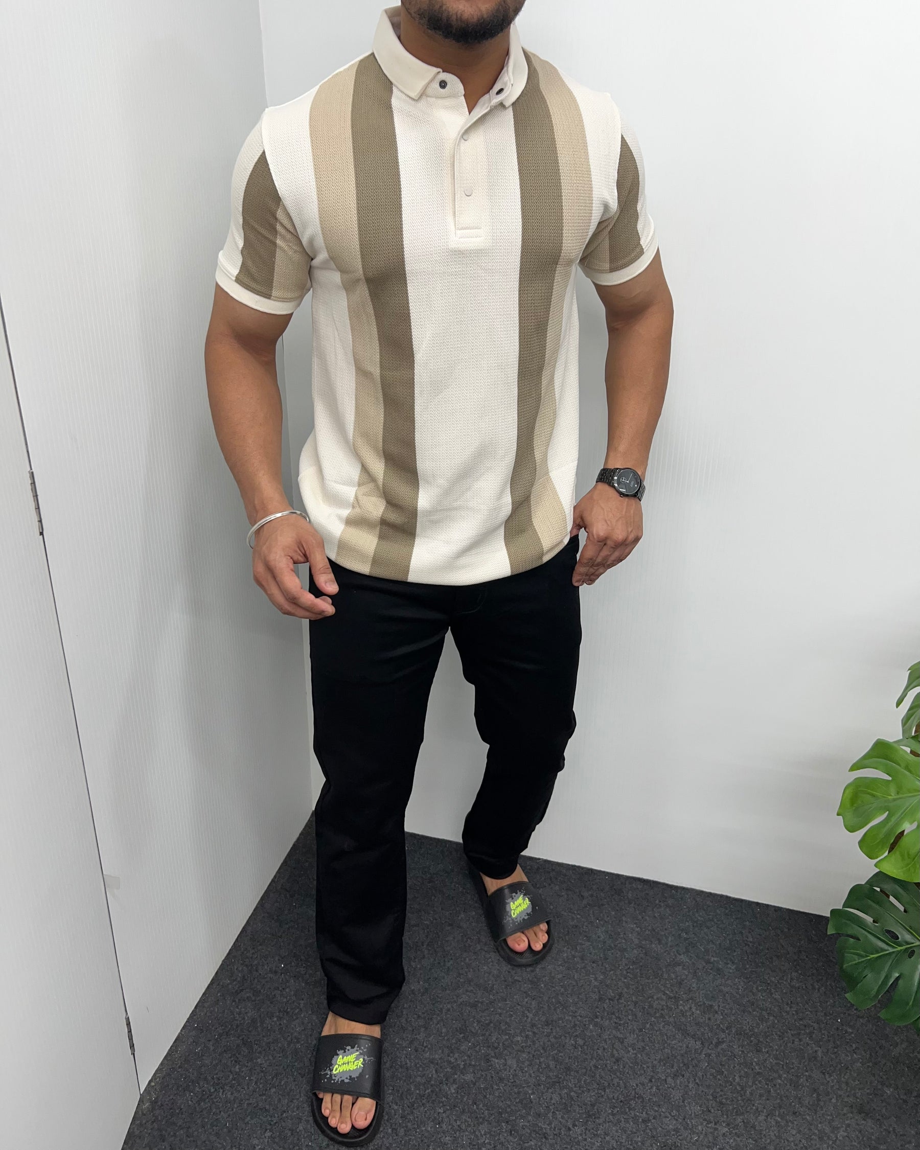 Cream Matty Structure Striped T-Shirt