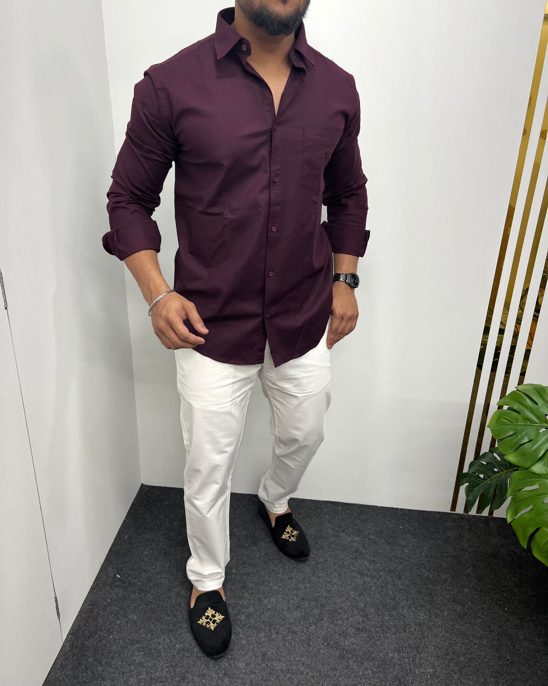 Wine Business Class Oxford Lycra Formal Shirt