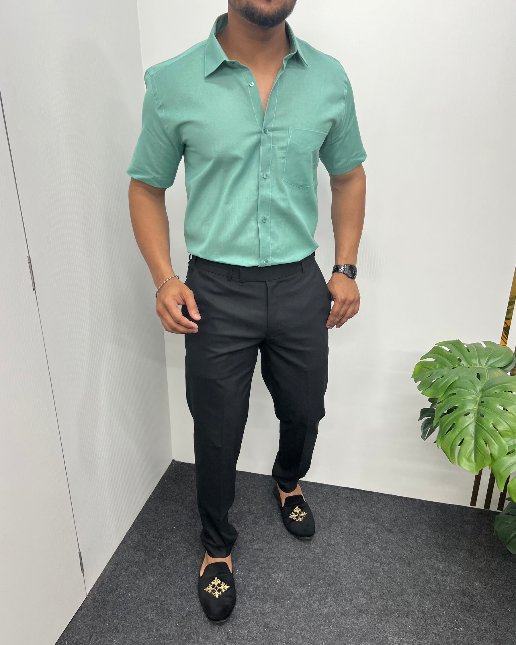 Mint Green Pure Cotton Linen Premium Half Sleeve Shirt