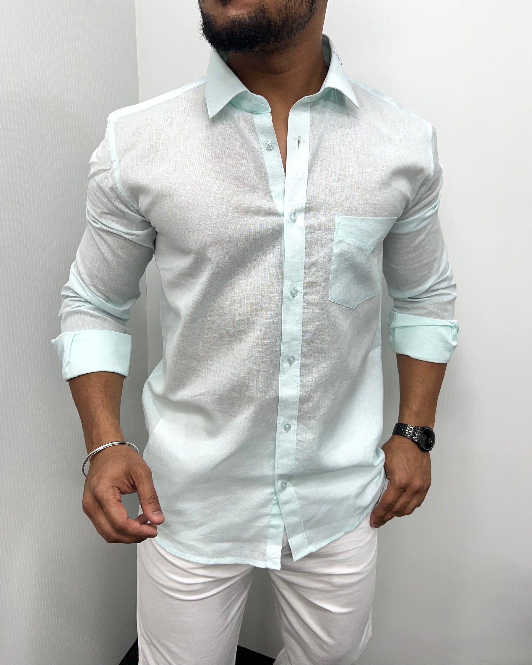Mint Pure Cotton Linen Premium Full Sleeve Shirt