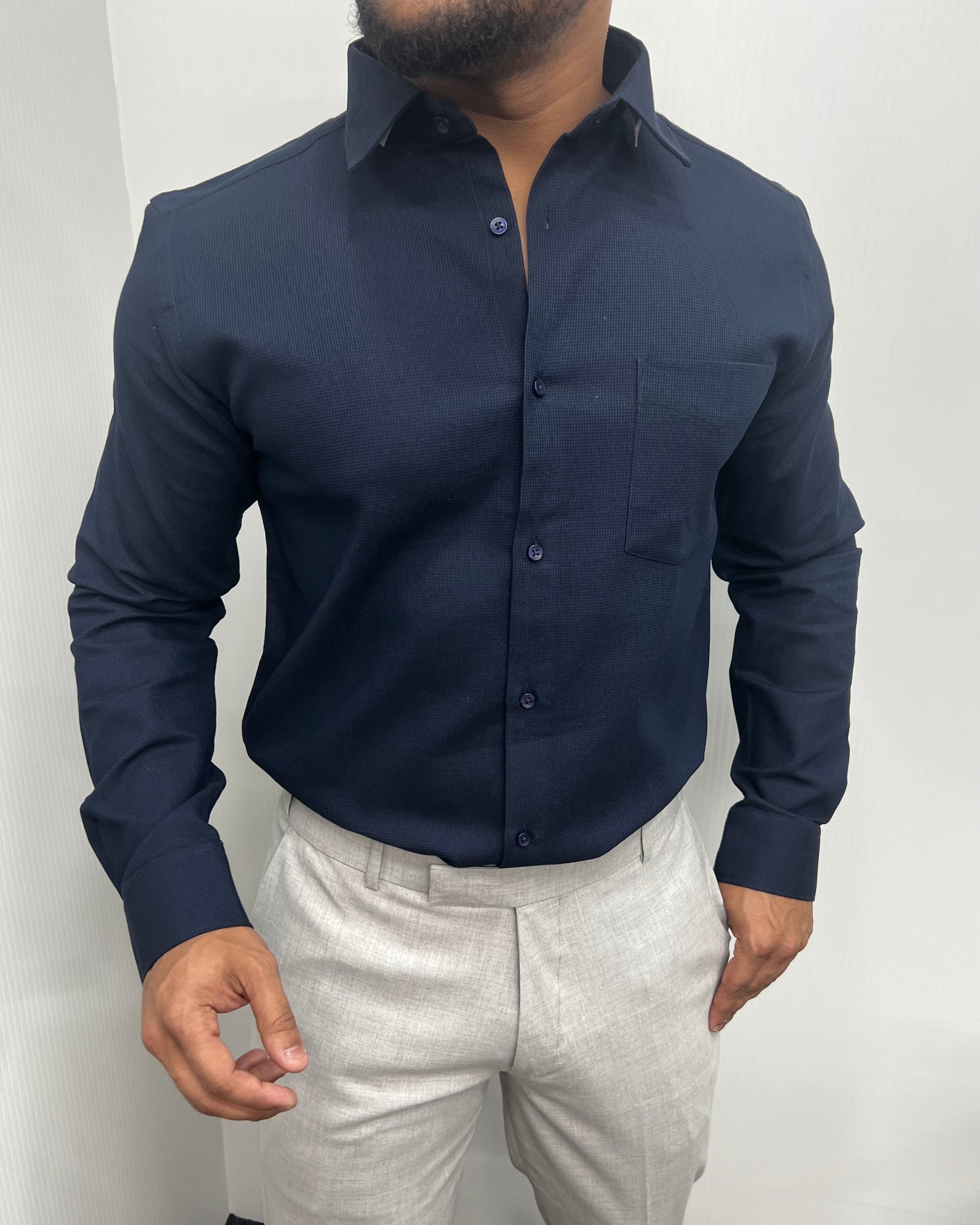 Navy Blue Premium Cotton Polyblend Waffle Shirt