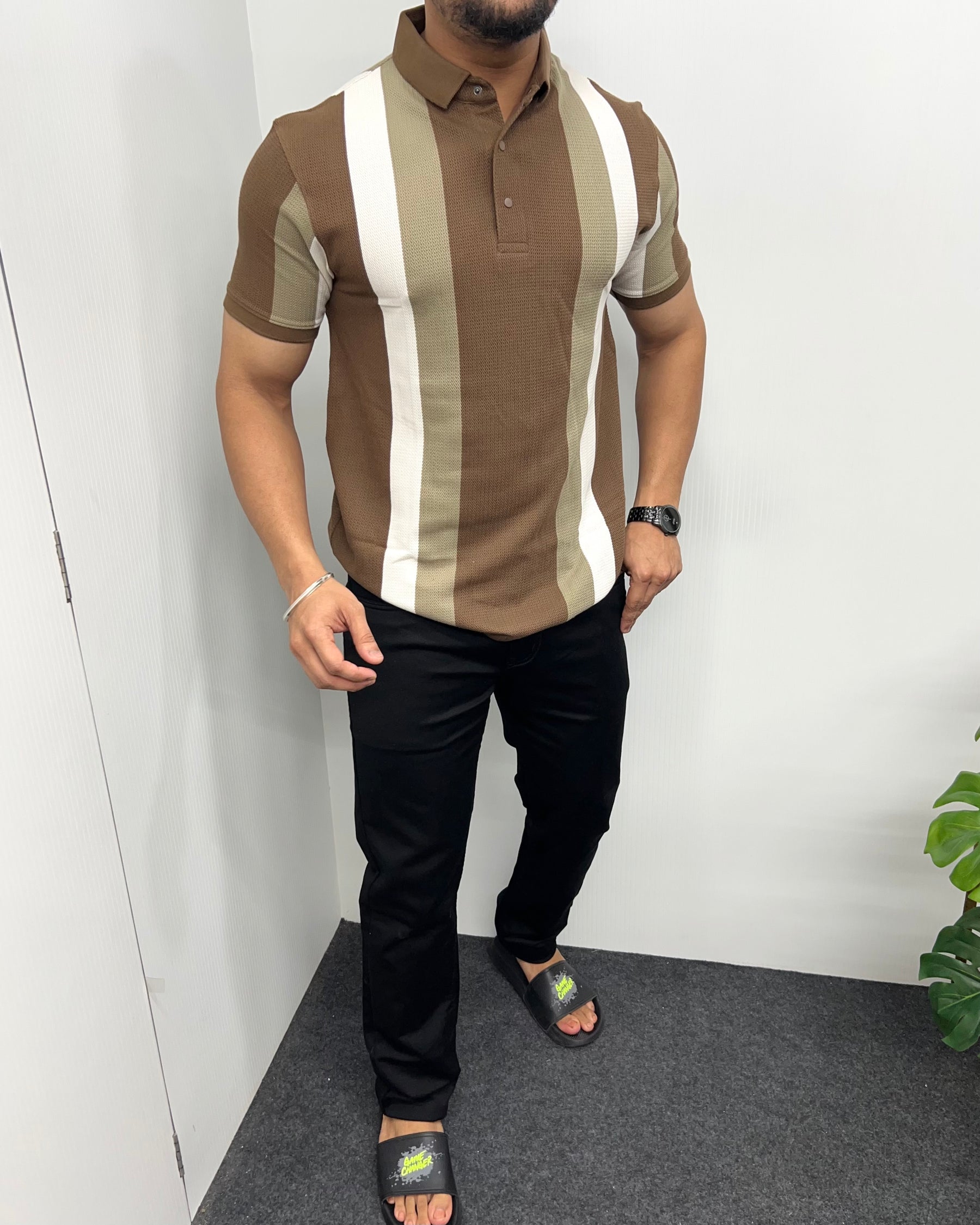 Brown Matty Structure Striped T-Shirt
