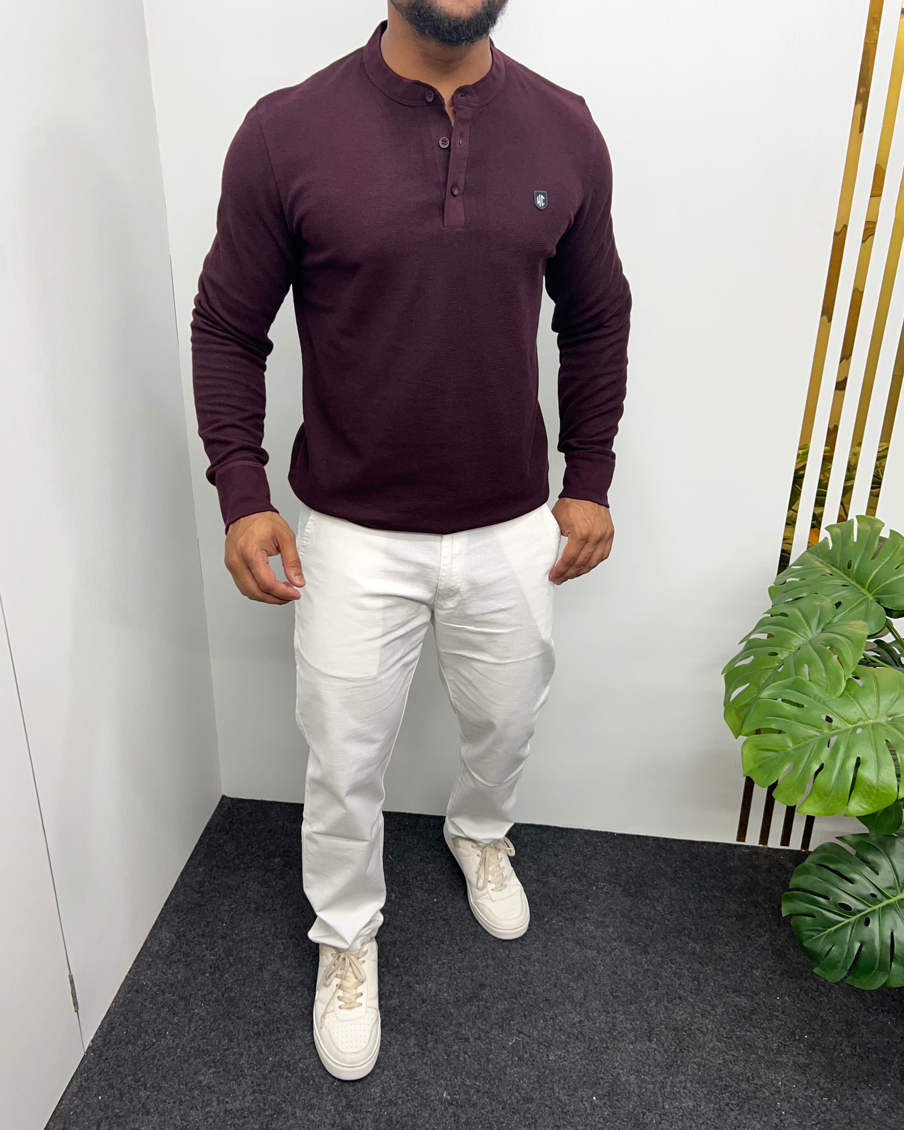 Wine Premium Cotton Waffle Henley Neck Full Sleeve T-Shirt