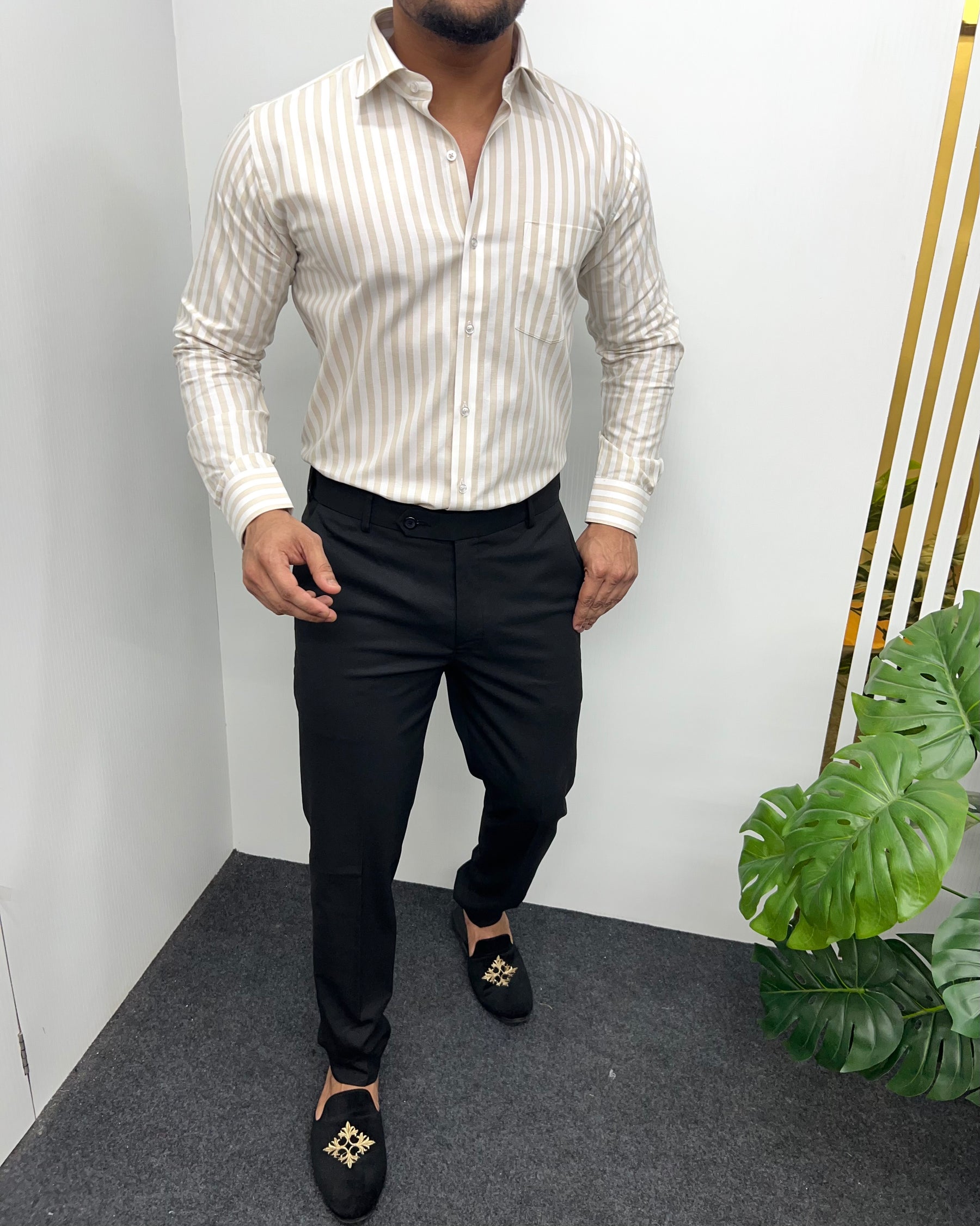 Cream Oxford Premium Fine Cotton Vertical Striped Shirt