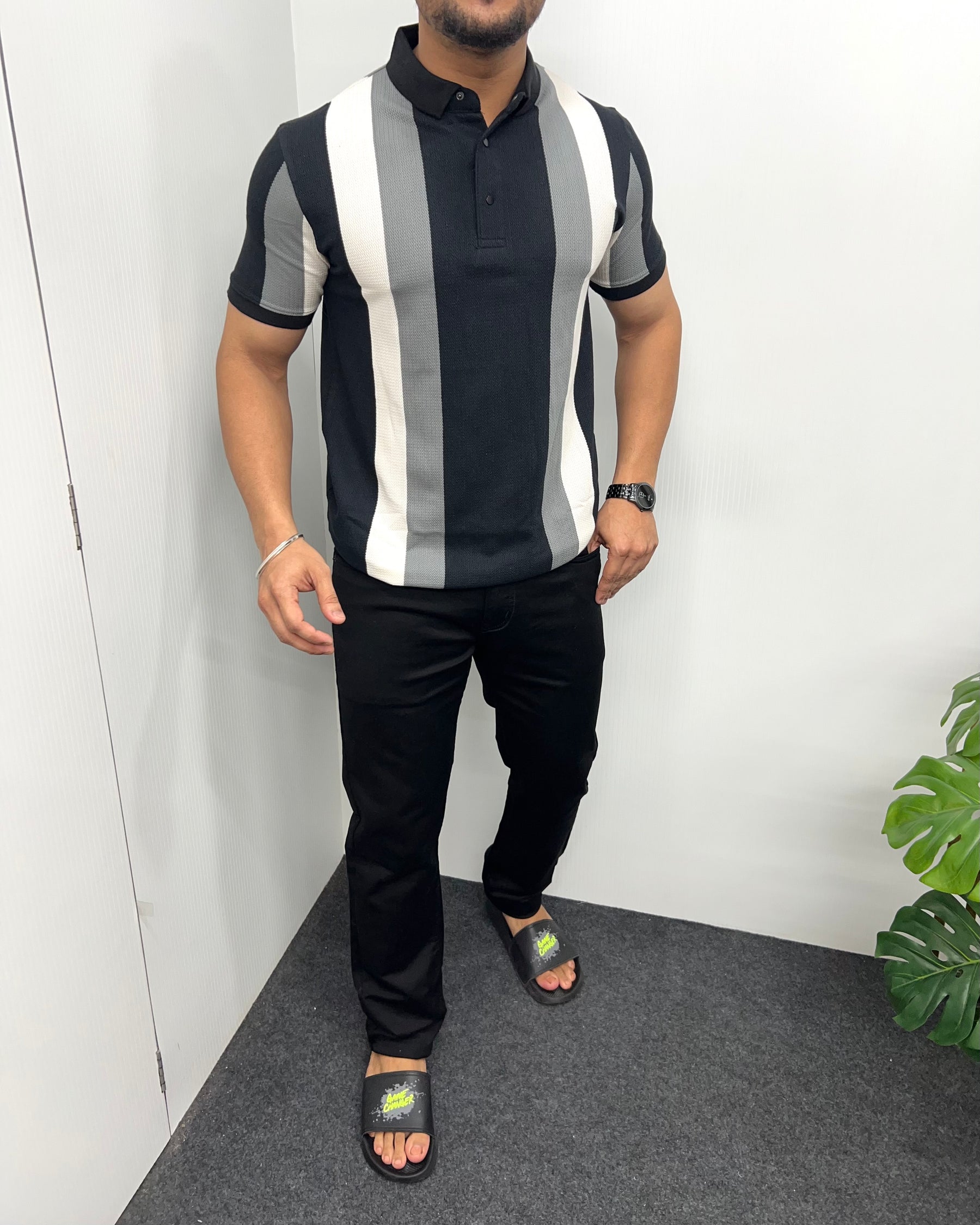 Black Matty Structure Striped T-Shirt