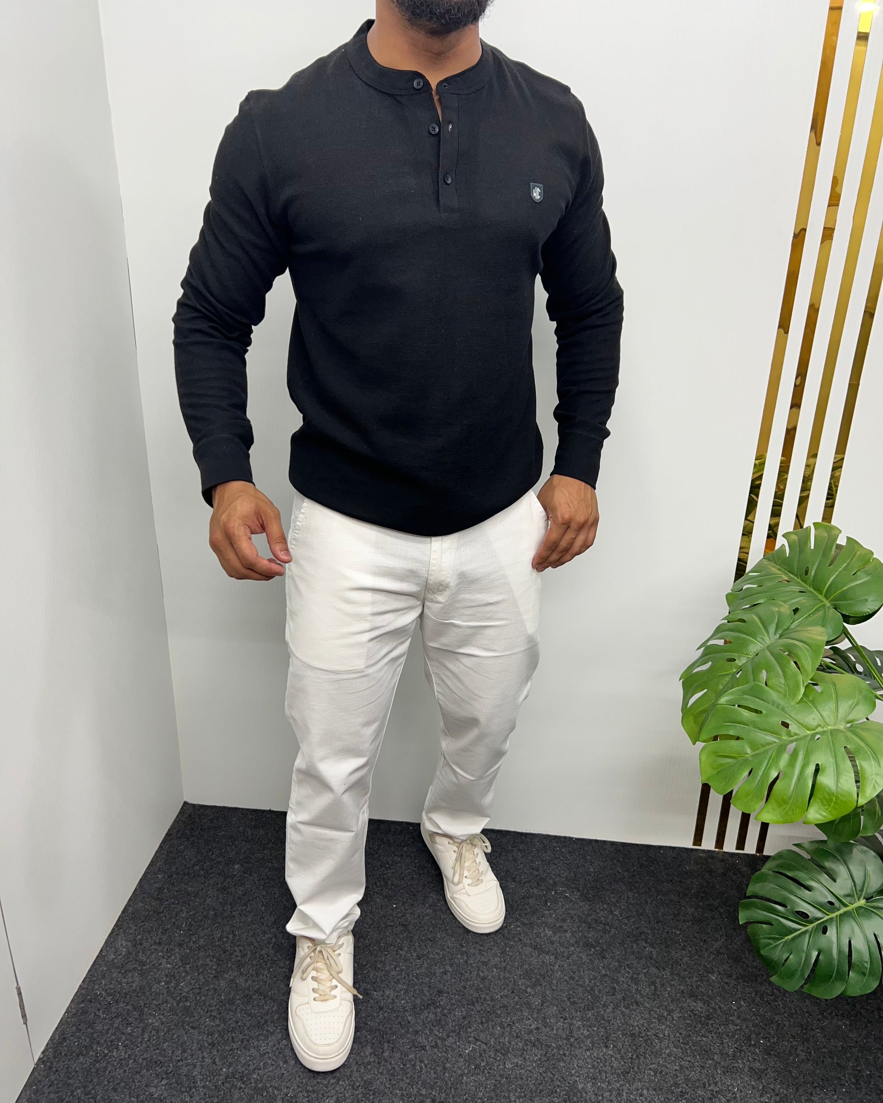 Black Premium Cotton Waffle Henley Neck Full Sleeve T-Shirt