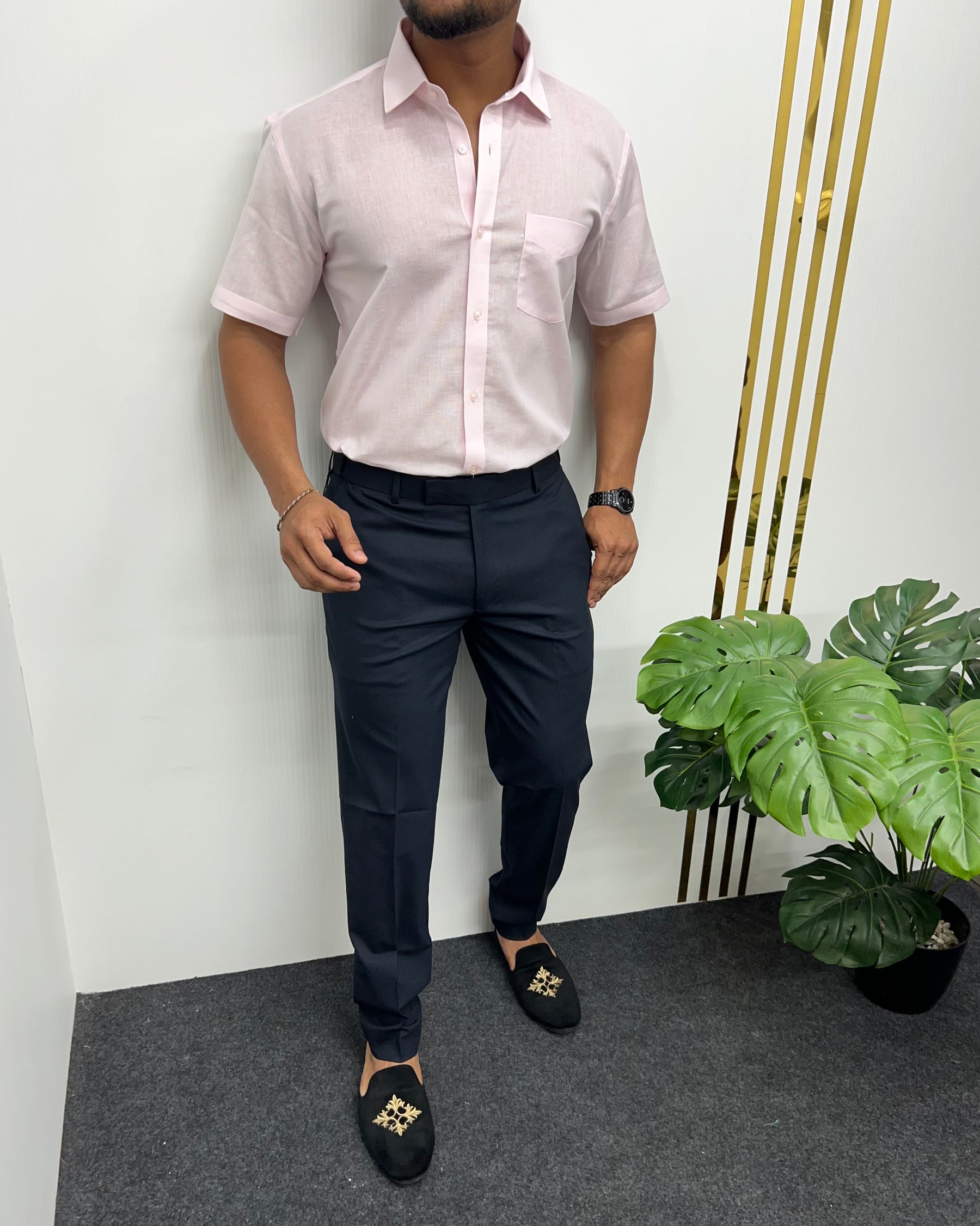 Baby Pink Pure Cotton Linen Premium Half Sleeve Shirt