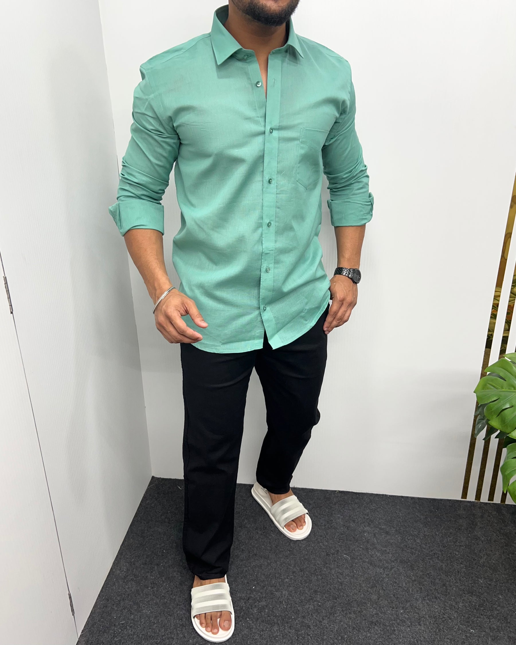 Mint Green Pure Cotton Linen Premium Full Sleeve Shirt