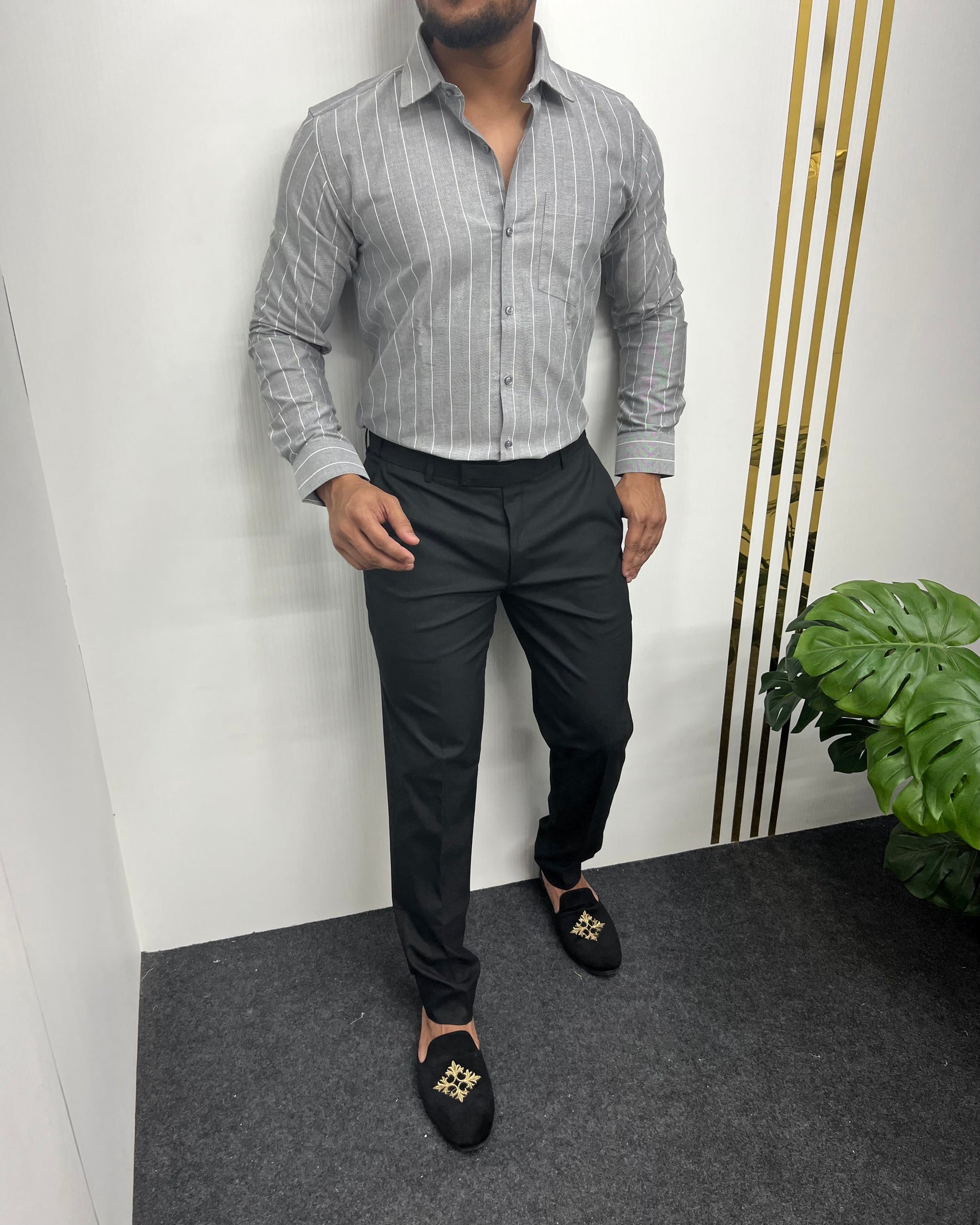 Gray Oxford Premium Fine Cotton Vertical Striped Shirt