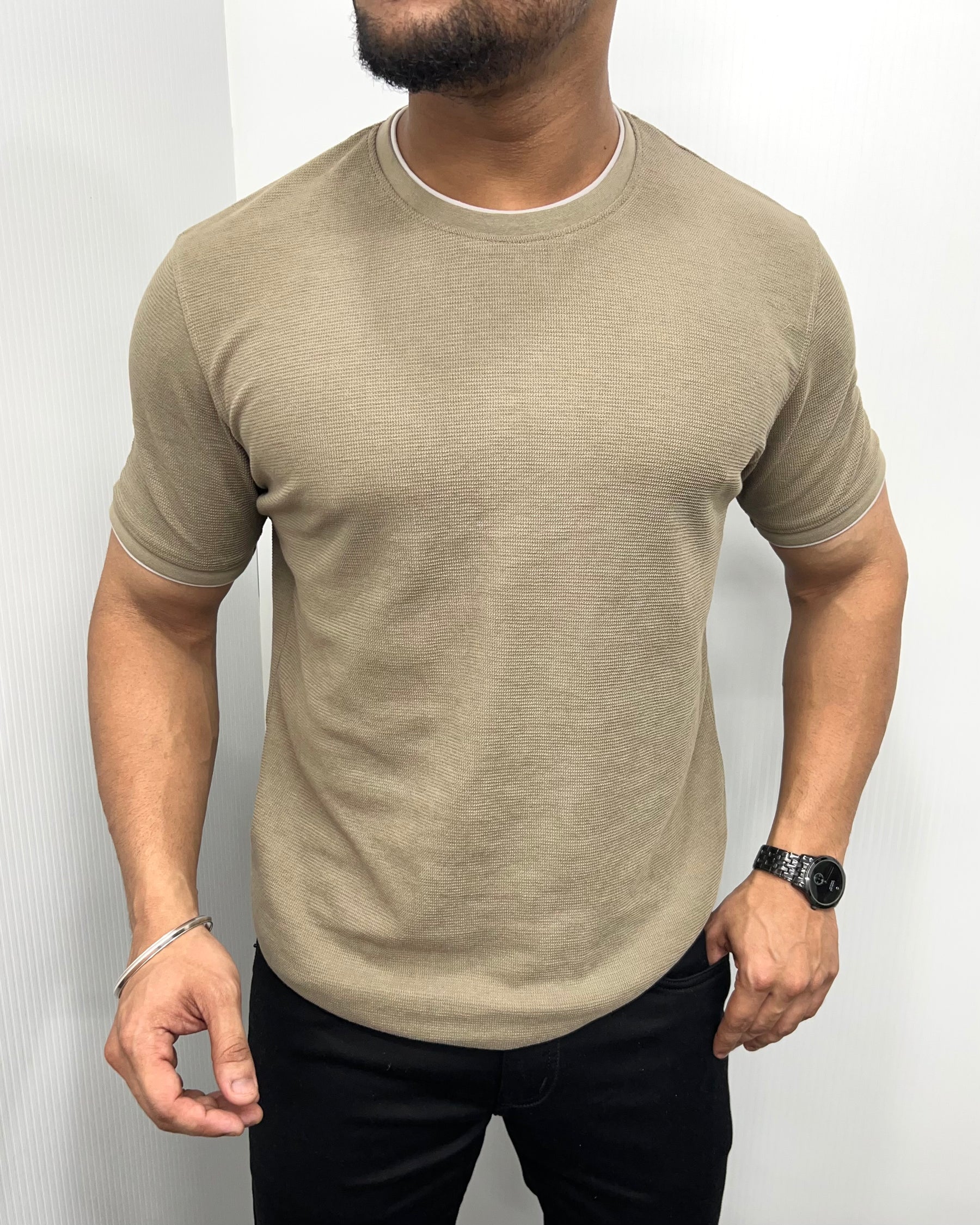Khaki Plain Half Sleeve Knit T-Shirt