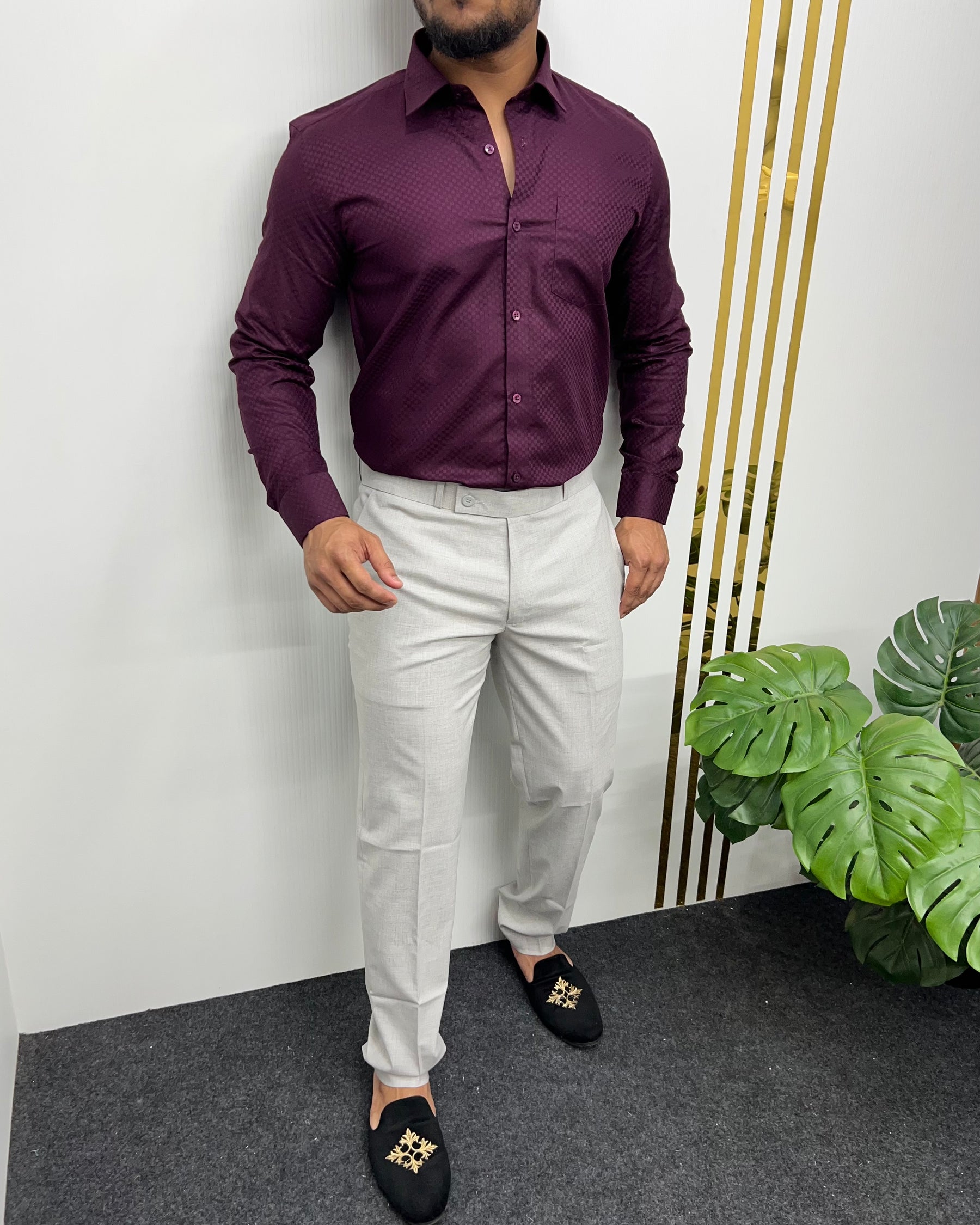 Wine Cotton Self Checks Shirt