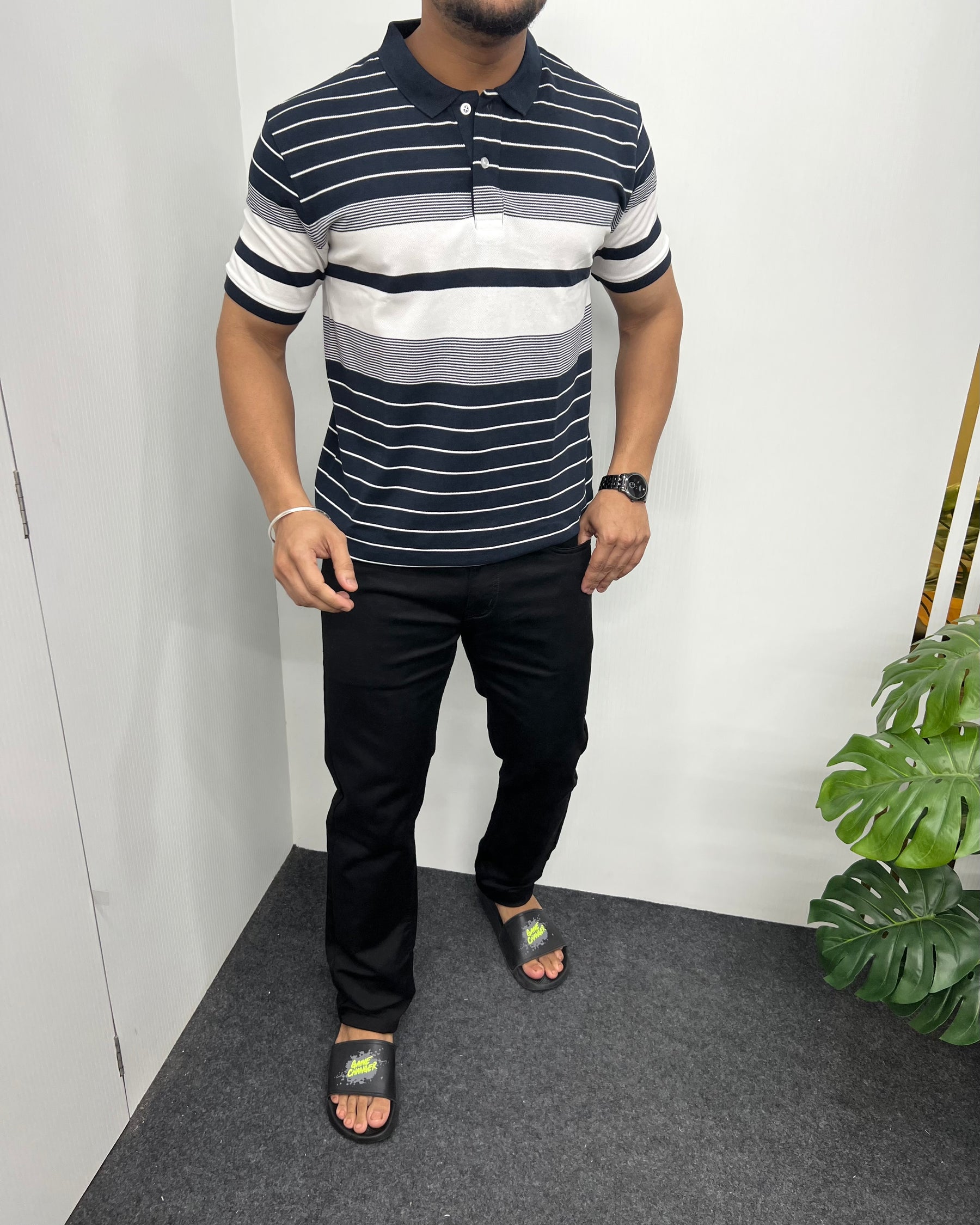 Navy Blue Collar Matty Striped T-Shirt