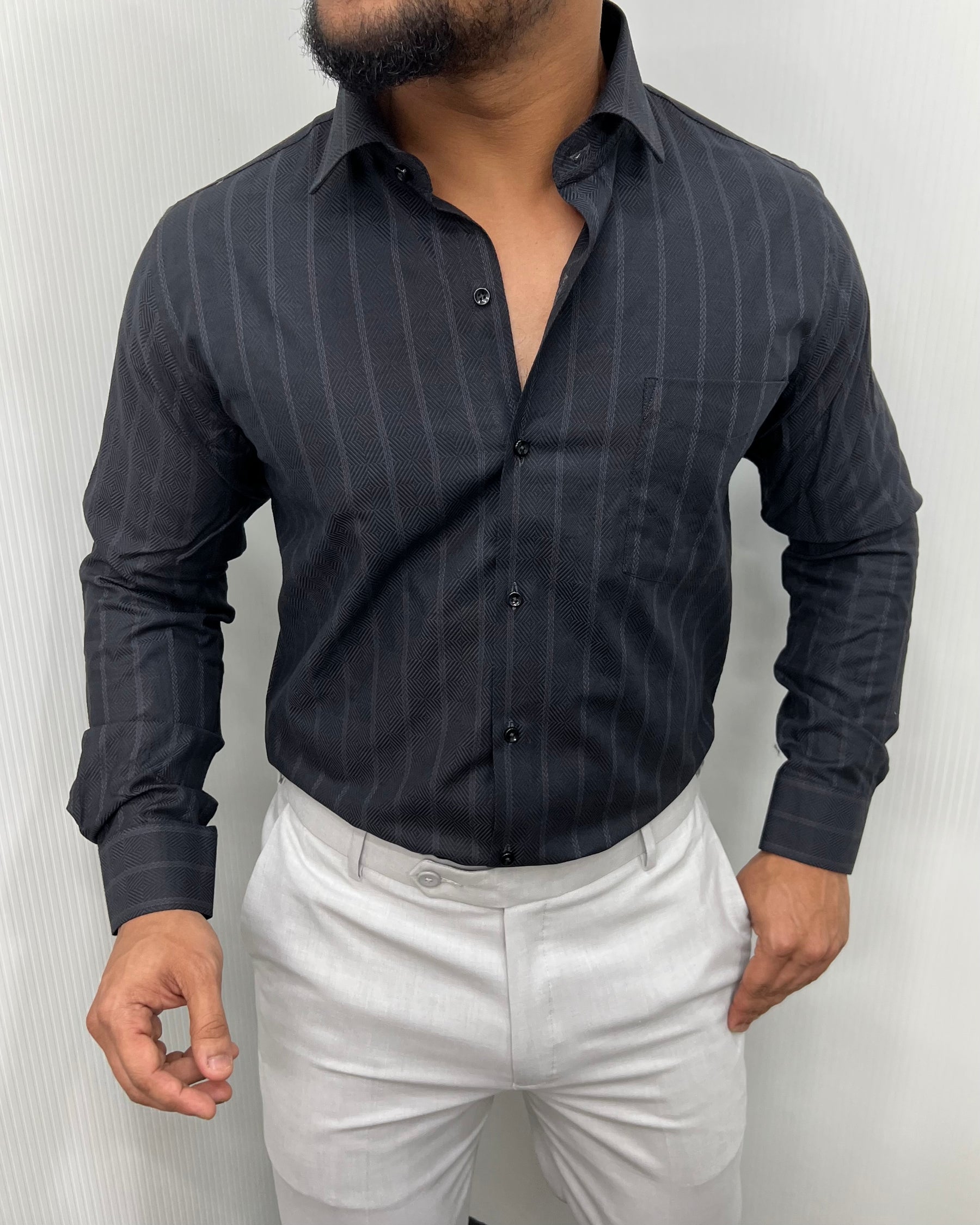 Black Self Striped Premium Giza Cotton Shirt