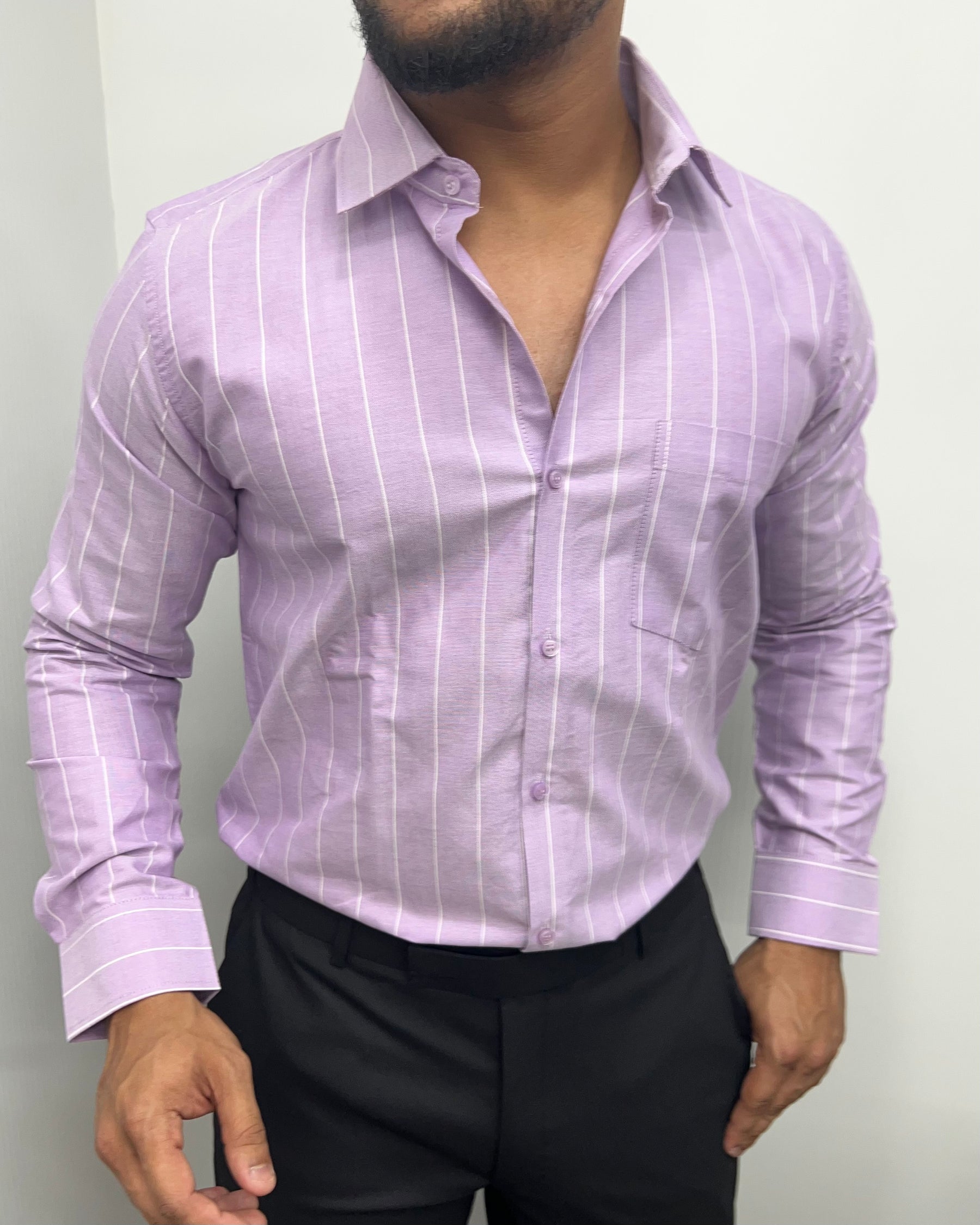 Lavender Oxford Premium Fine Cotton Vertical Striped Shirt