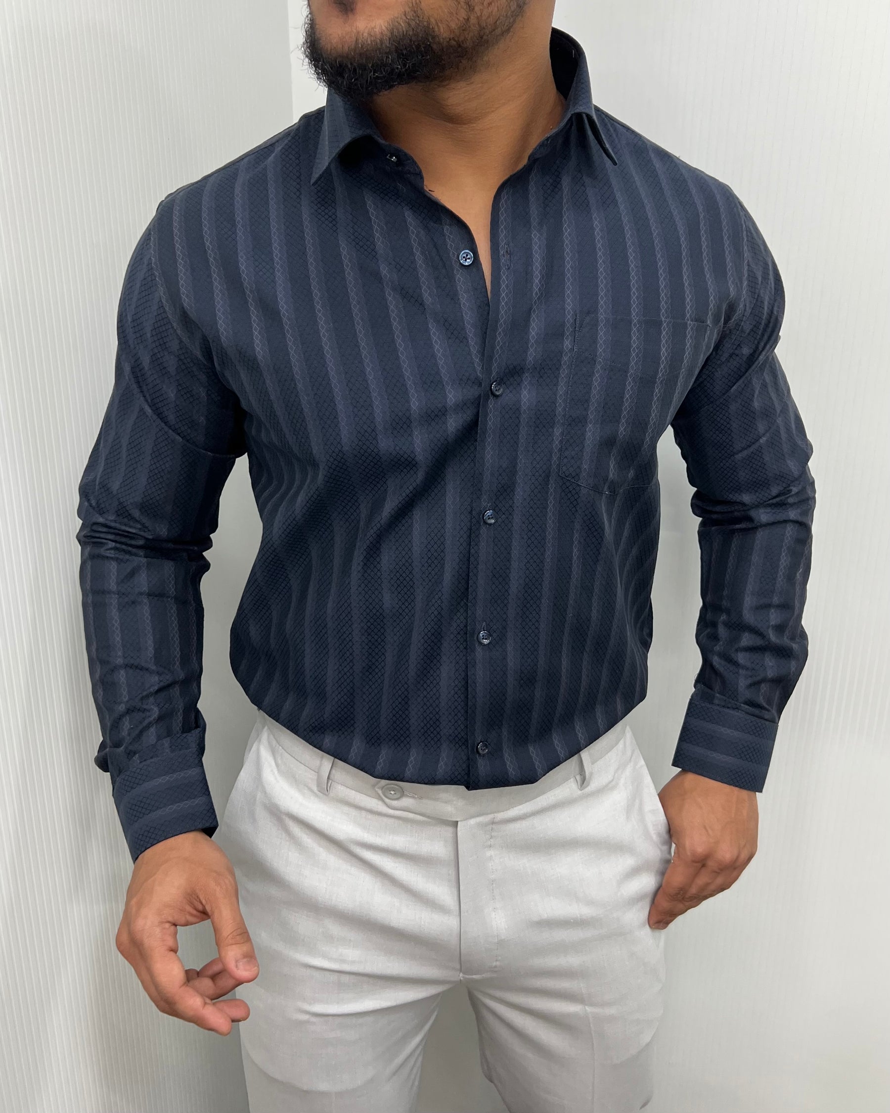 Blue Self Jacquard Striped Premium Giza Cotton Shirt