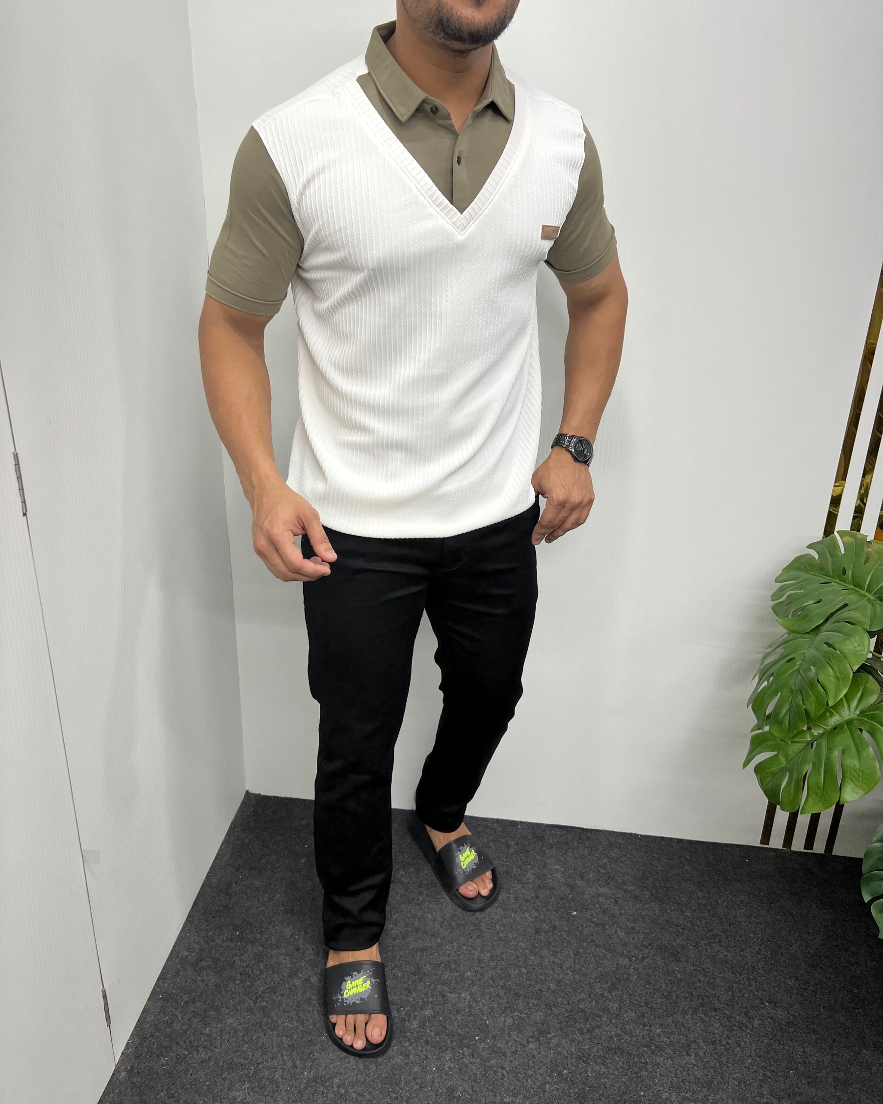 White & Olive Plaid T-Shirt