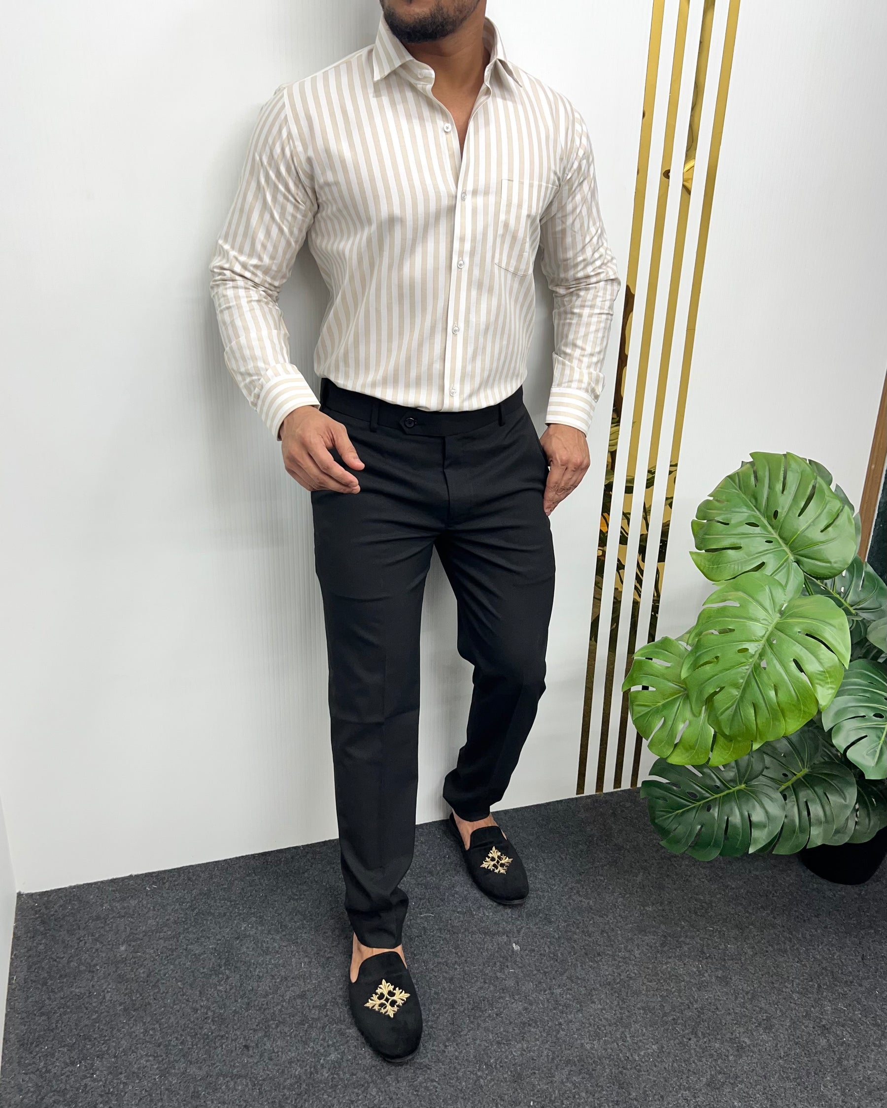 Cream Oxford Premium Fine Cotton Vertical Striped Shirt
