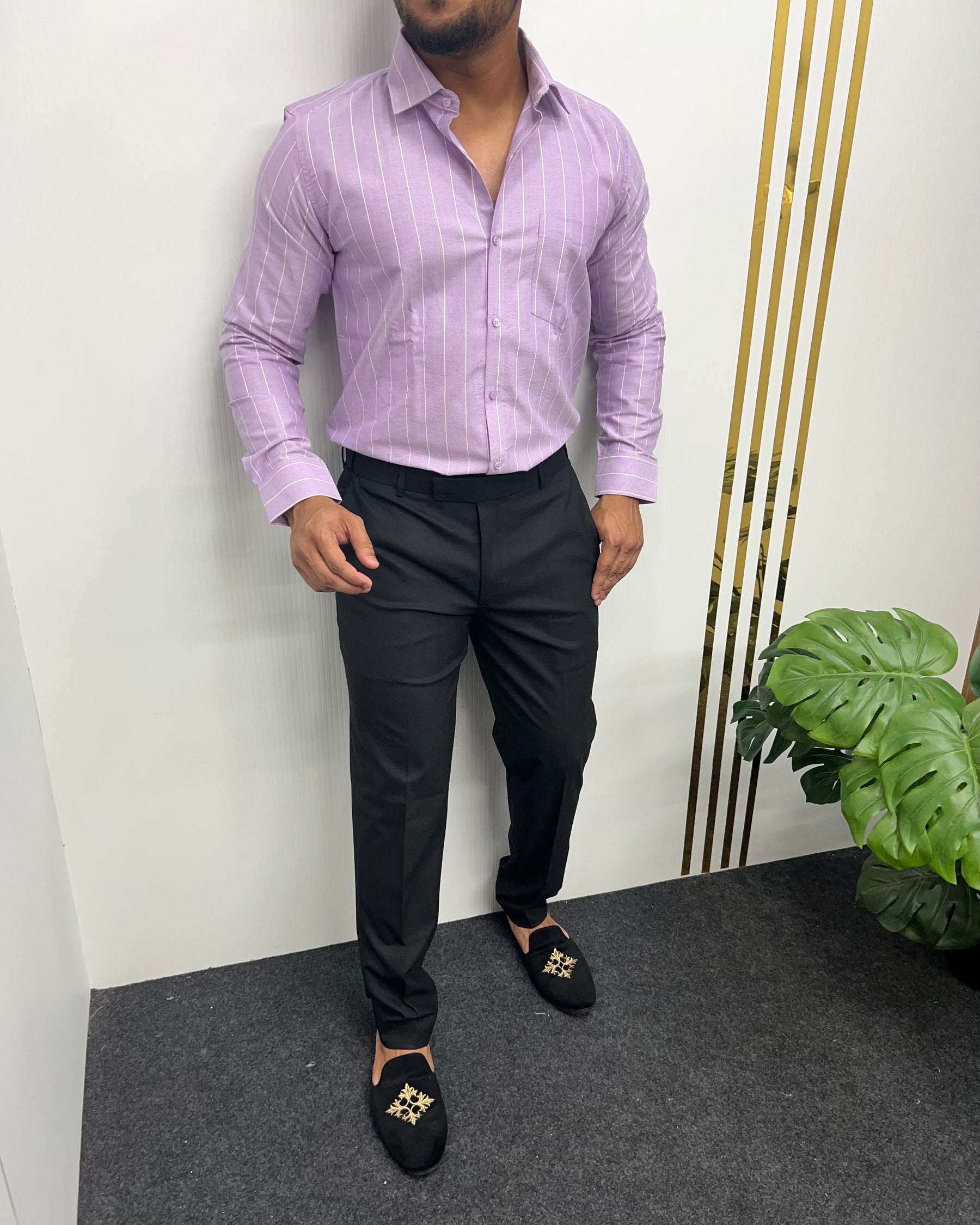 Lavender Oxford Premium Fine Cotton Vertical Striped Shirt