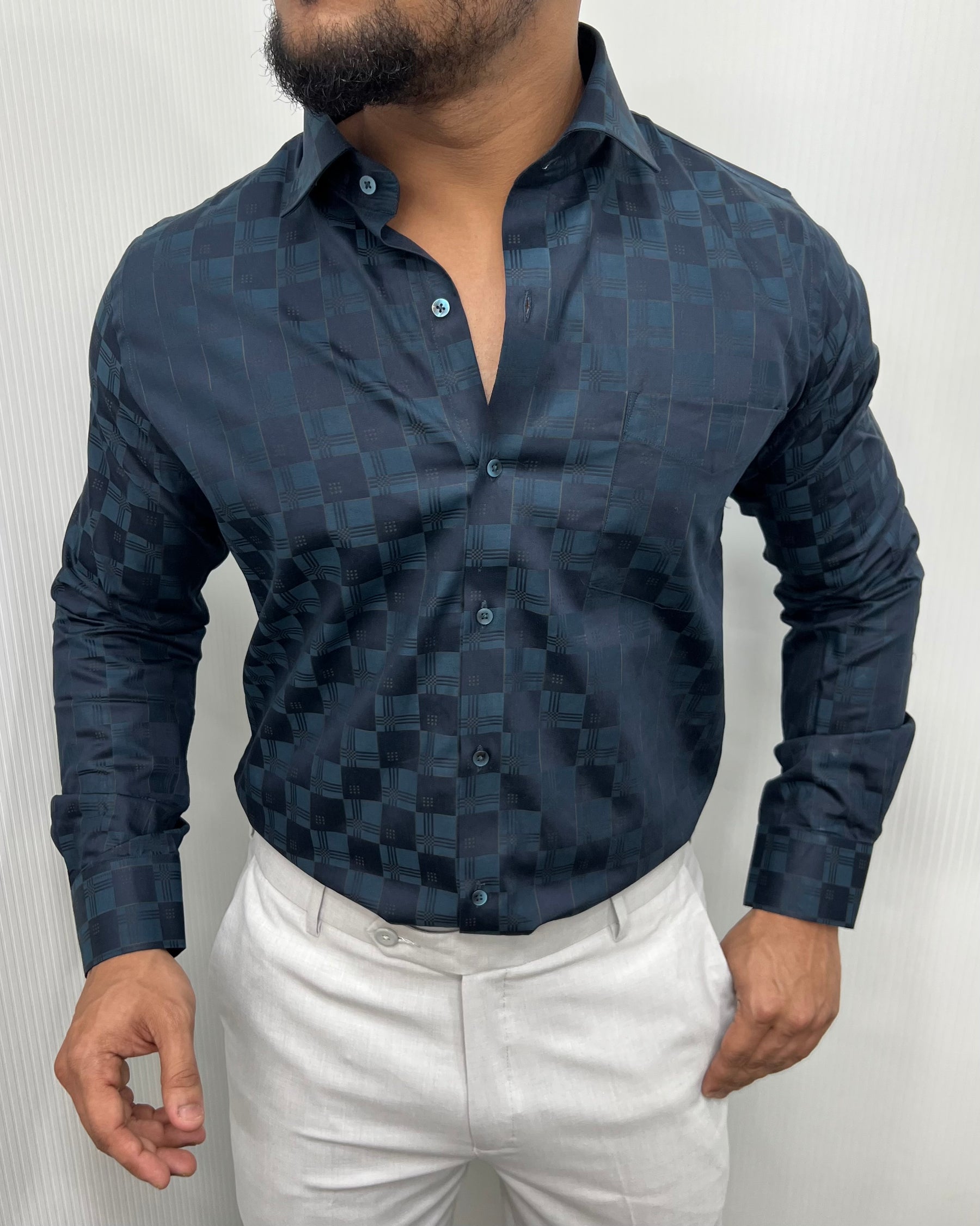 Blue Self Checks Premium Giza Cotton Shirt