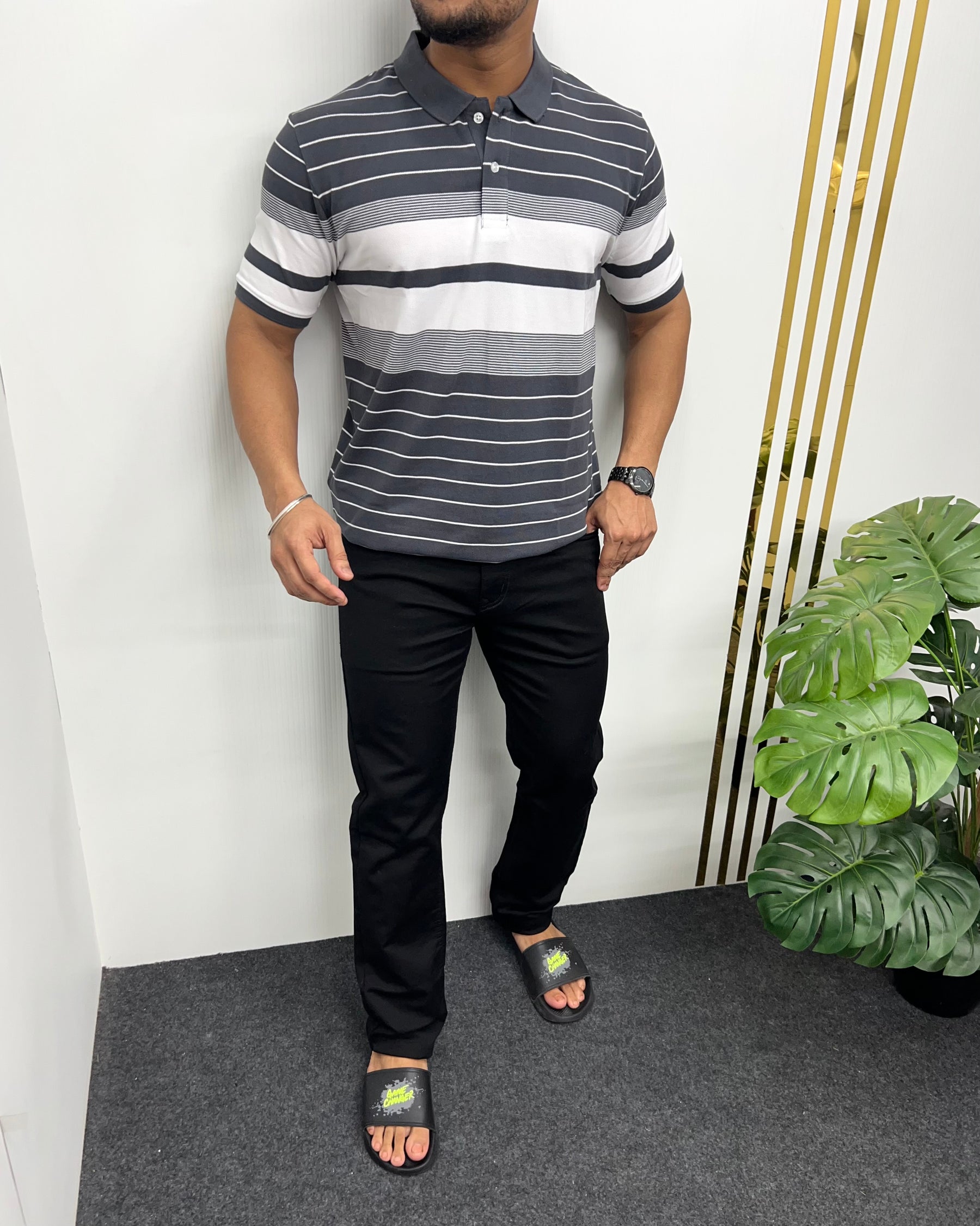 Dark Gray Collar Matty Striped T-Shirt