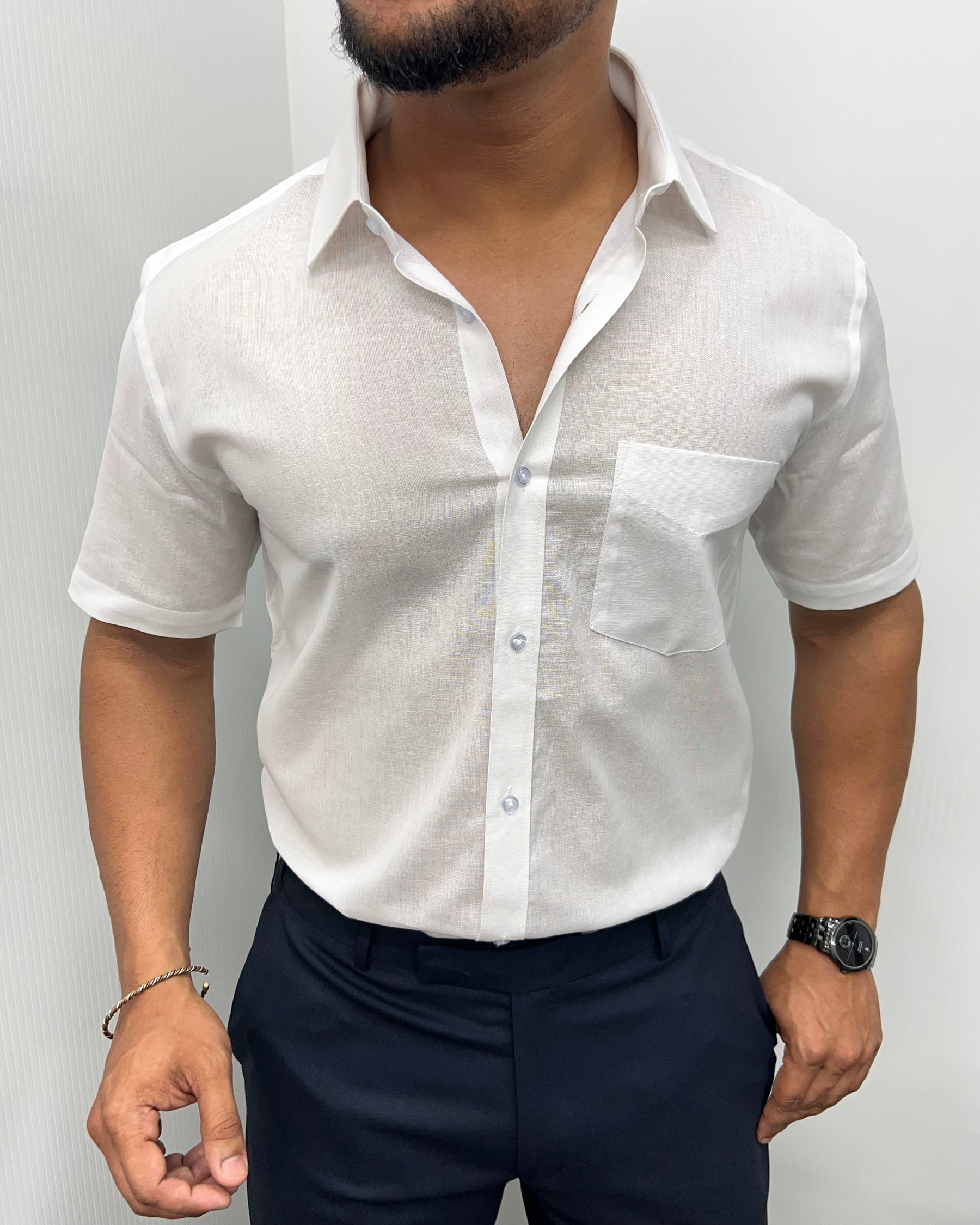 White Pure Cotton Linen Premium Half Sleeve Shirt