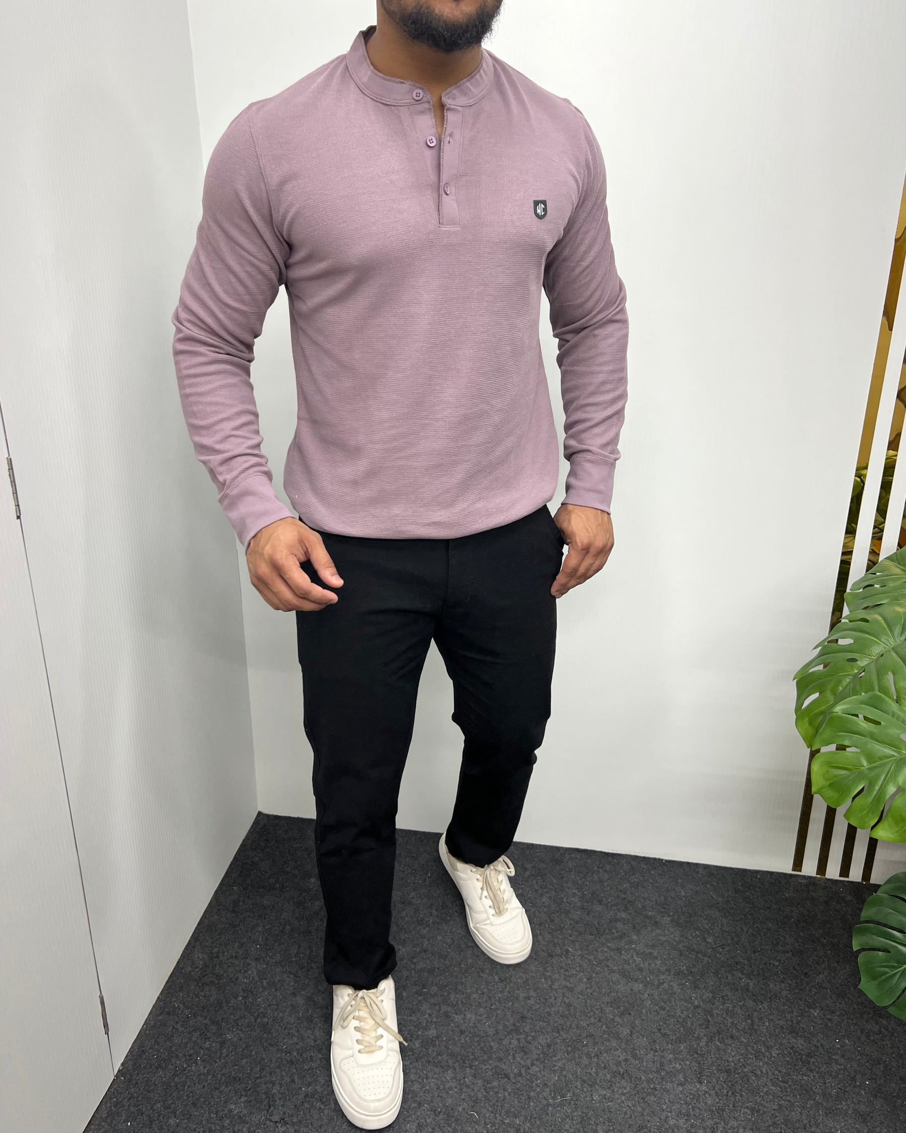 Lilac Premium Cotton Waffle Henley Neck Full Sleeve T-Shirt