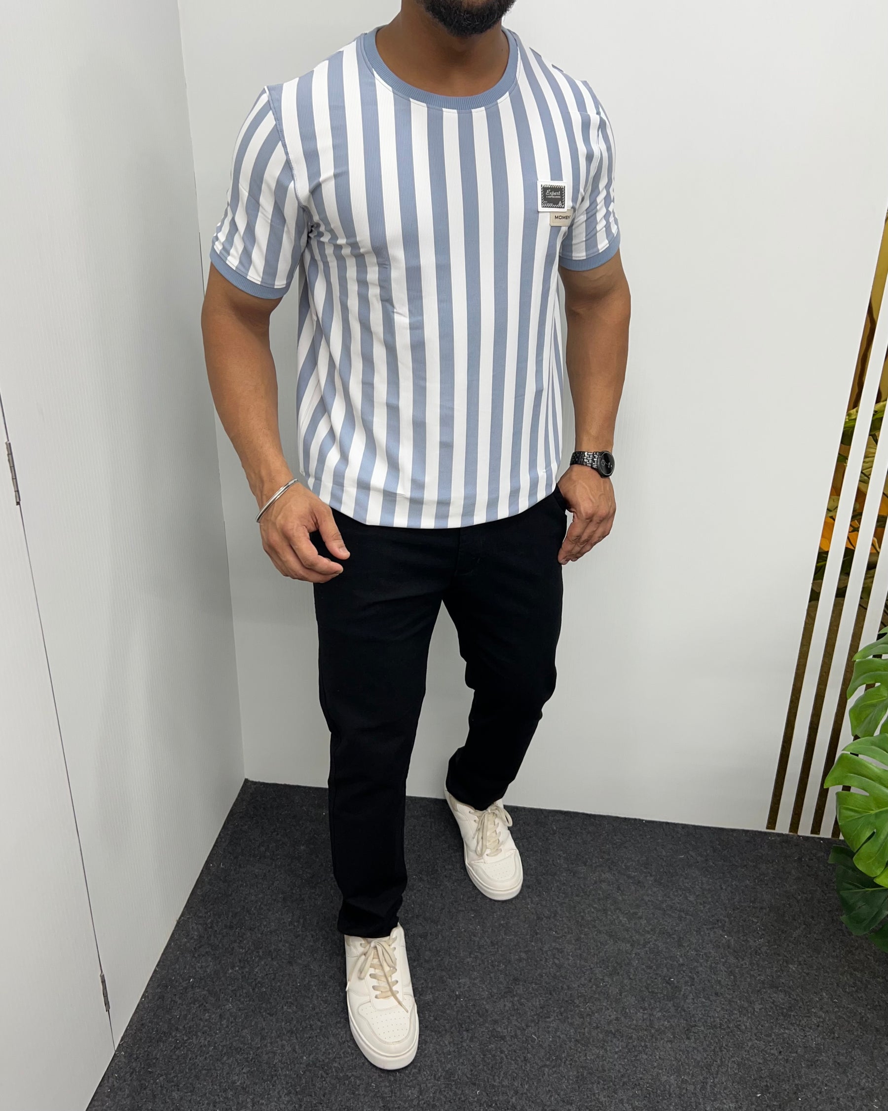 Sky Blue Imported Vertical Striped Round Neck T-Shirt
