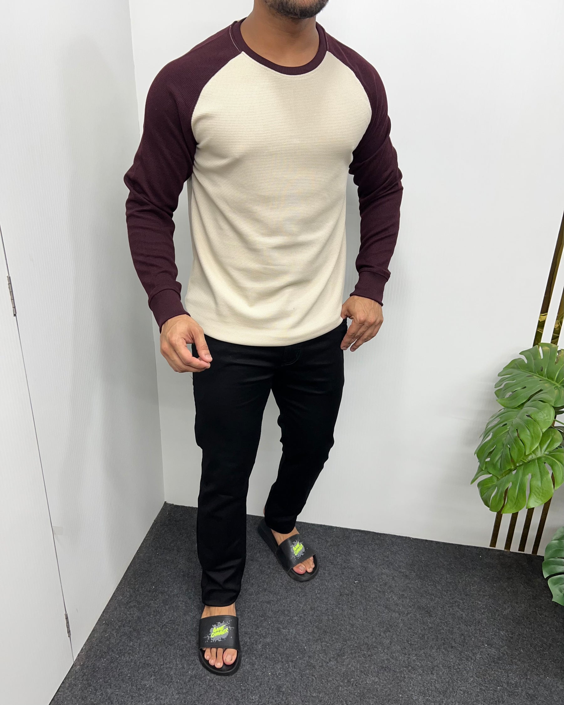 Beige & Maroon Raglan T-Shirt
