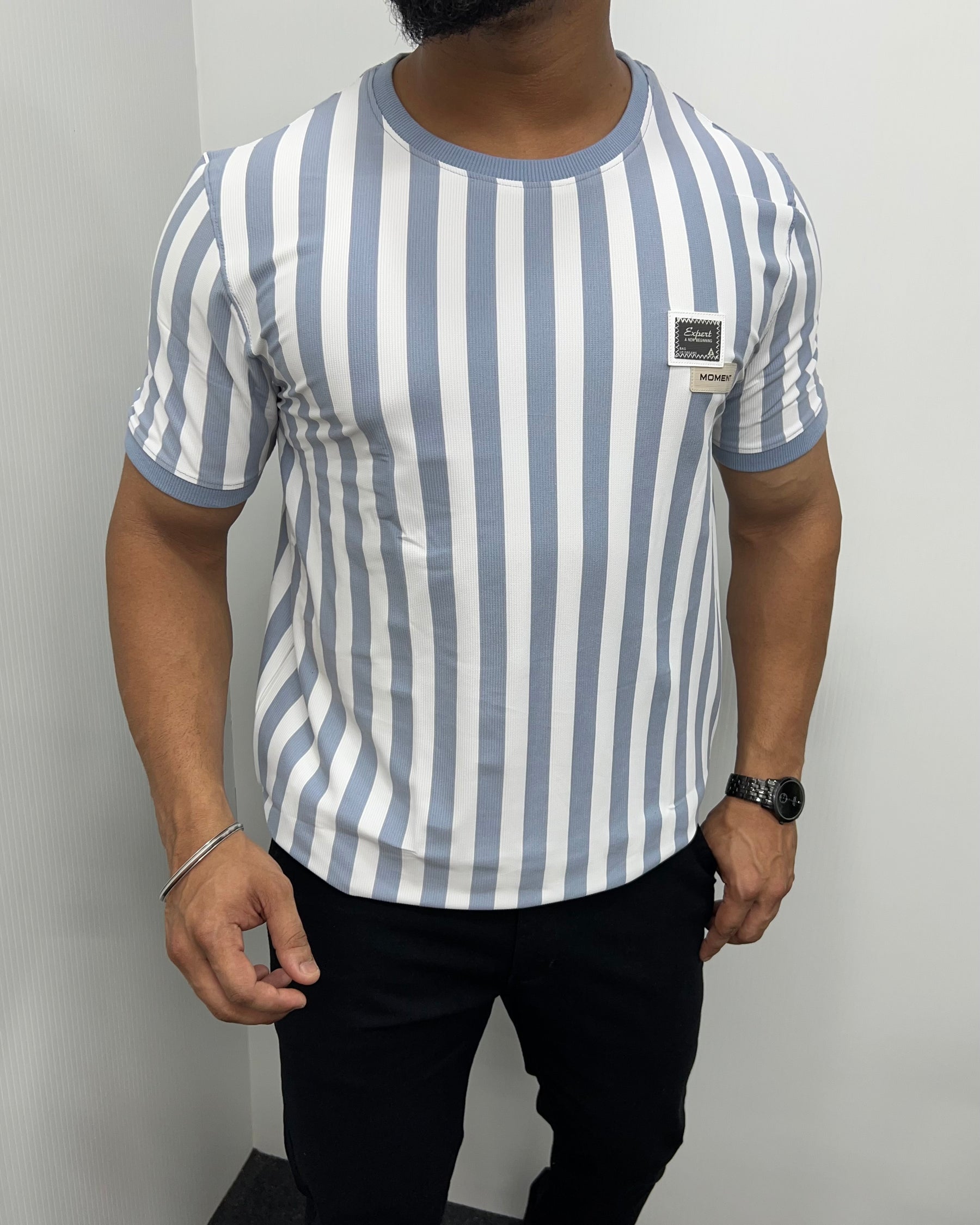 Sky Blue Imported Vertical Striped Round Neck T-Shirt