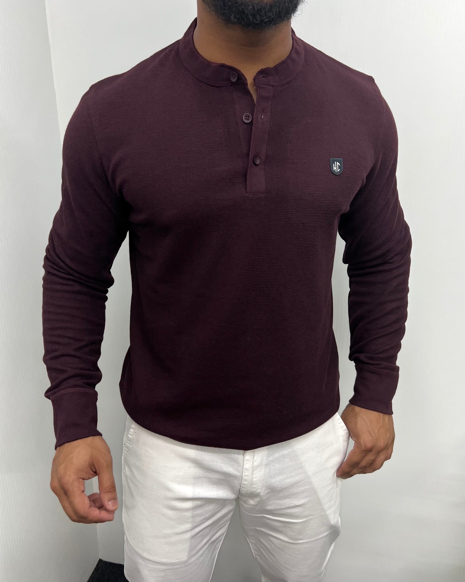 Wine Premium Cotton Waffle Henley Neck Full Sleeve T-Shirt