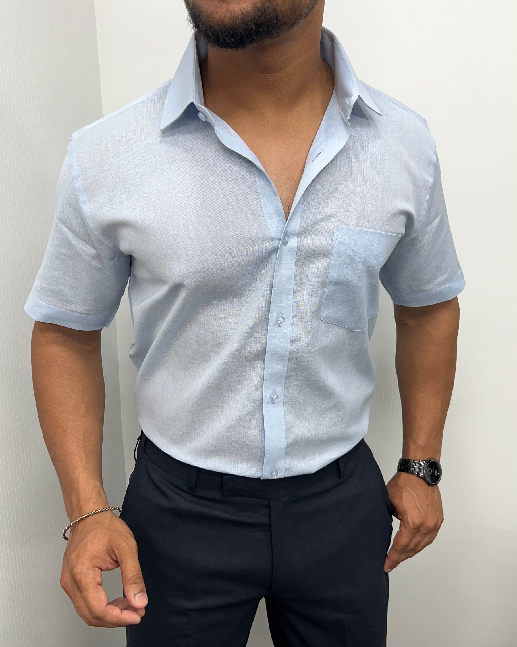 Sky Blue Pure Cotton Linen Premium Half Sleeve Shirt