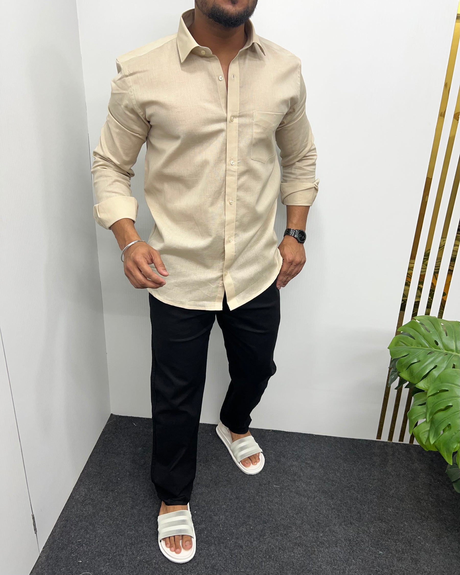 Beige Pure Cotton Linen Premium Full Sleeve Shirt