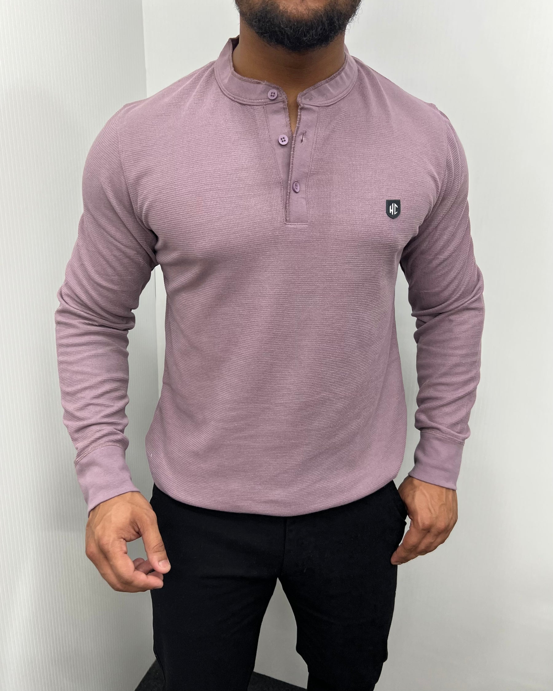 Lilac Premium Cotton Waffle Henley Neck Full Sleeve T-Shirt