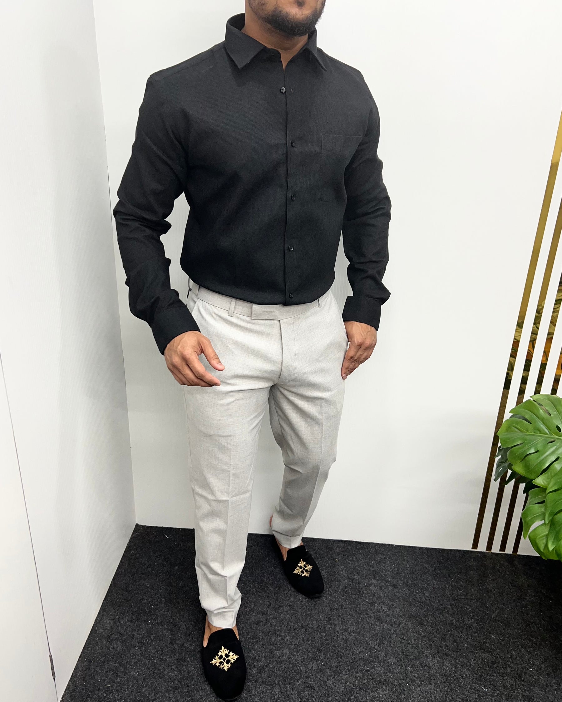 Black Premium Cotton Polyblend Waffle Shirt