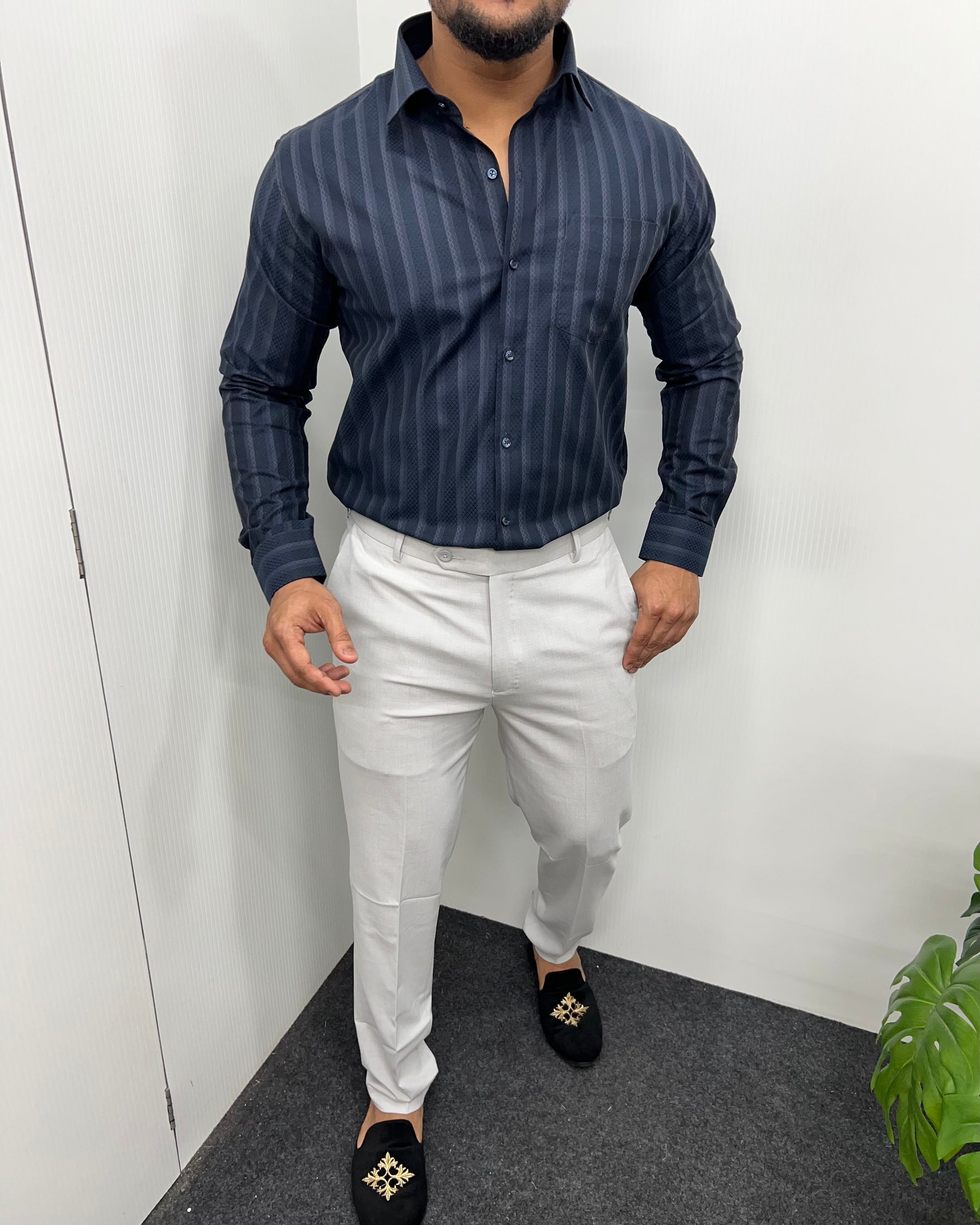 Blue Self Jacquard Striped Premium Giza Cotton Shirt