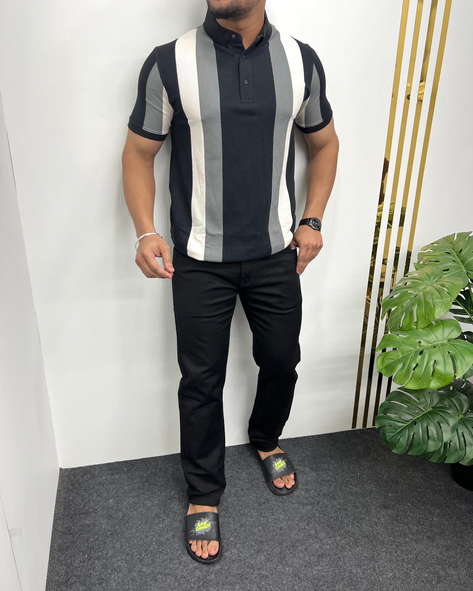 Black Matty Structure Striped T-Shirt