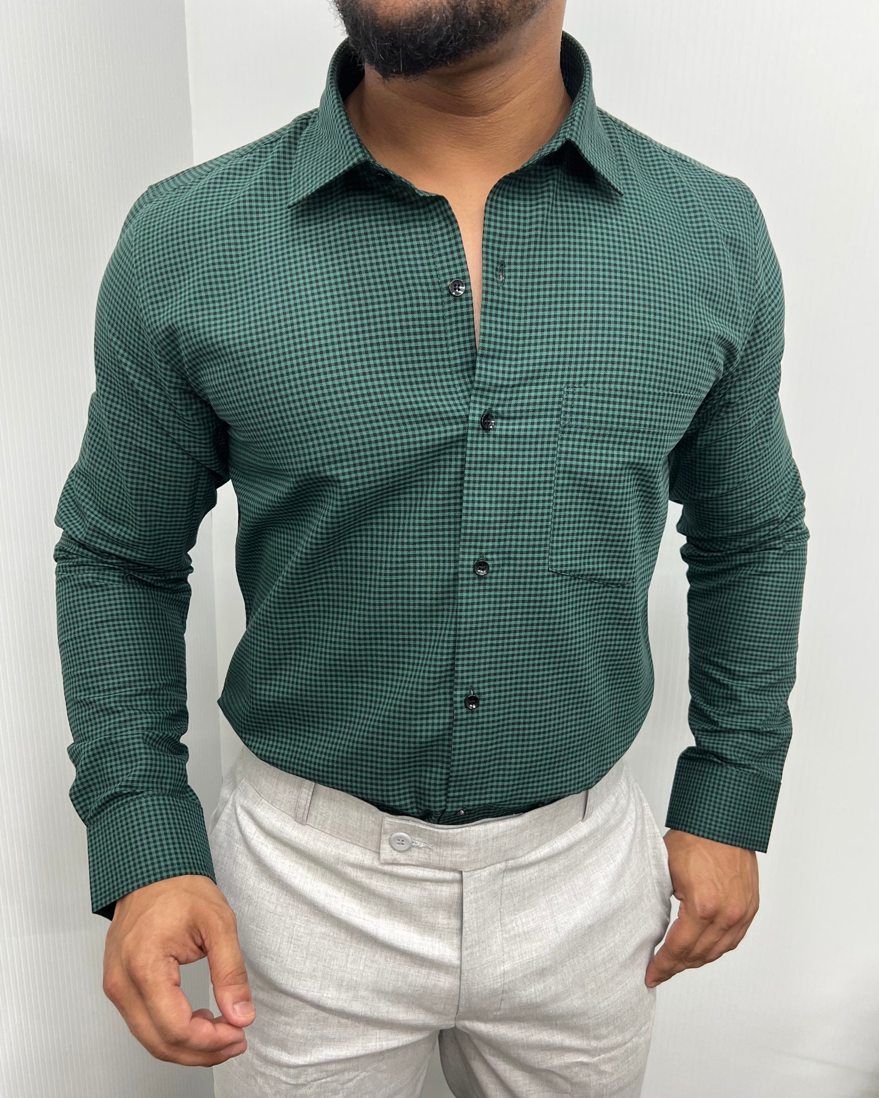 Green Cotton Gingham Checks Shirt