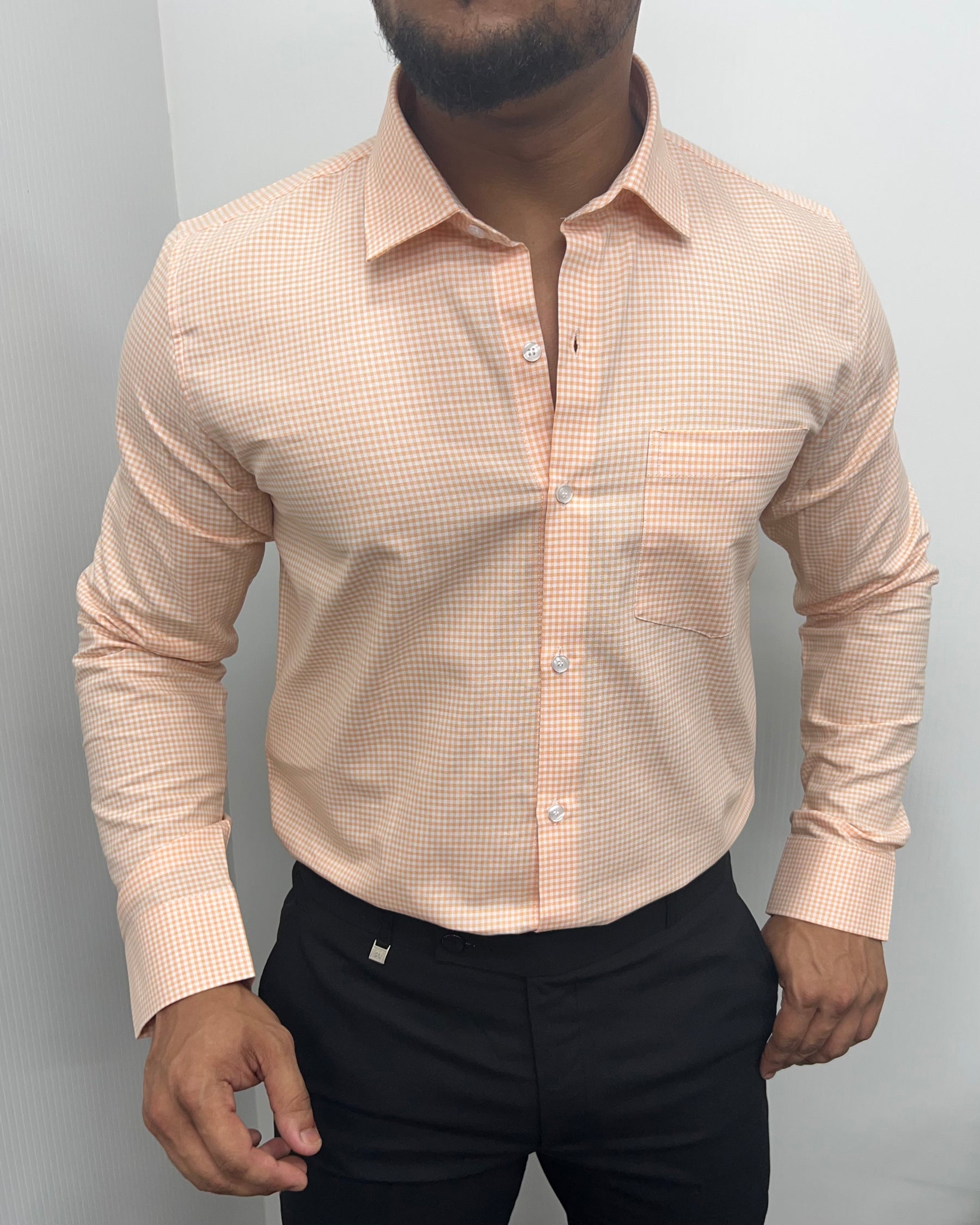 Pastel Orange Cotton Gingham Checks Shirt