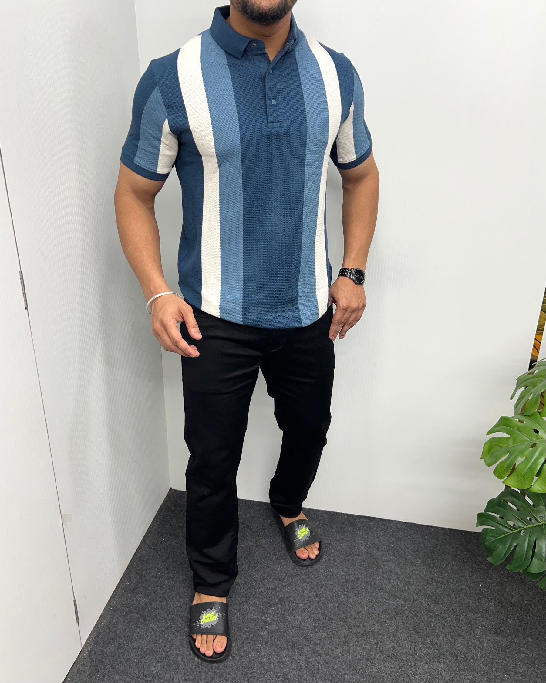 Blue Matty Structure Striped T-Shirt