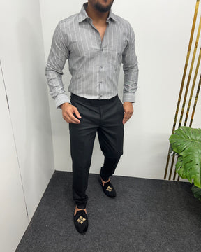 Gray Oxford Premium Fine Cotton Vertical Striped Shirt