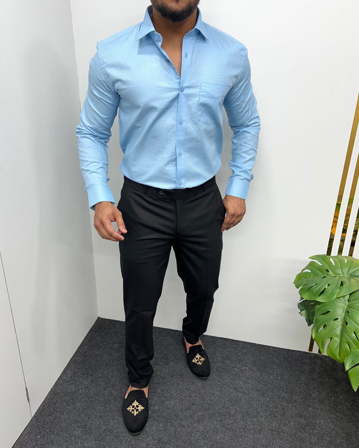 Sky Blue Cotton Self Checks Shirt