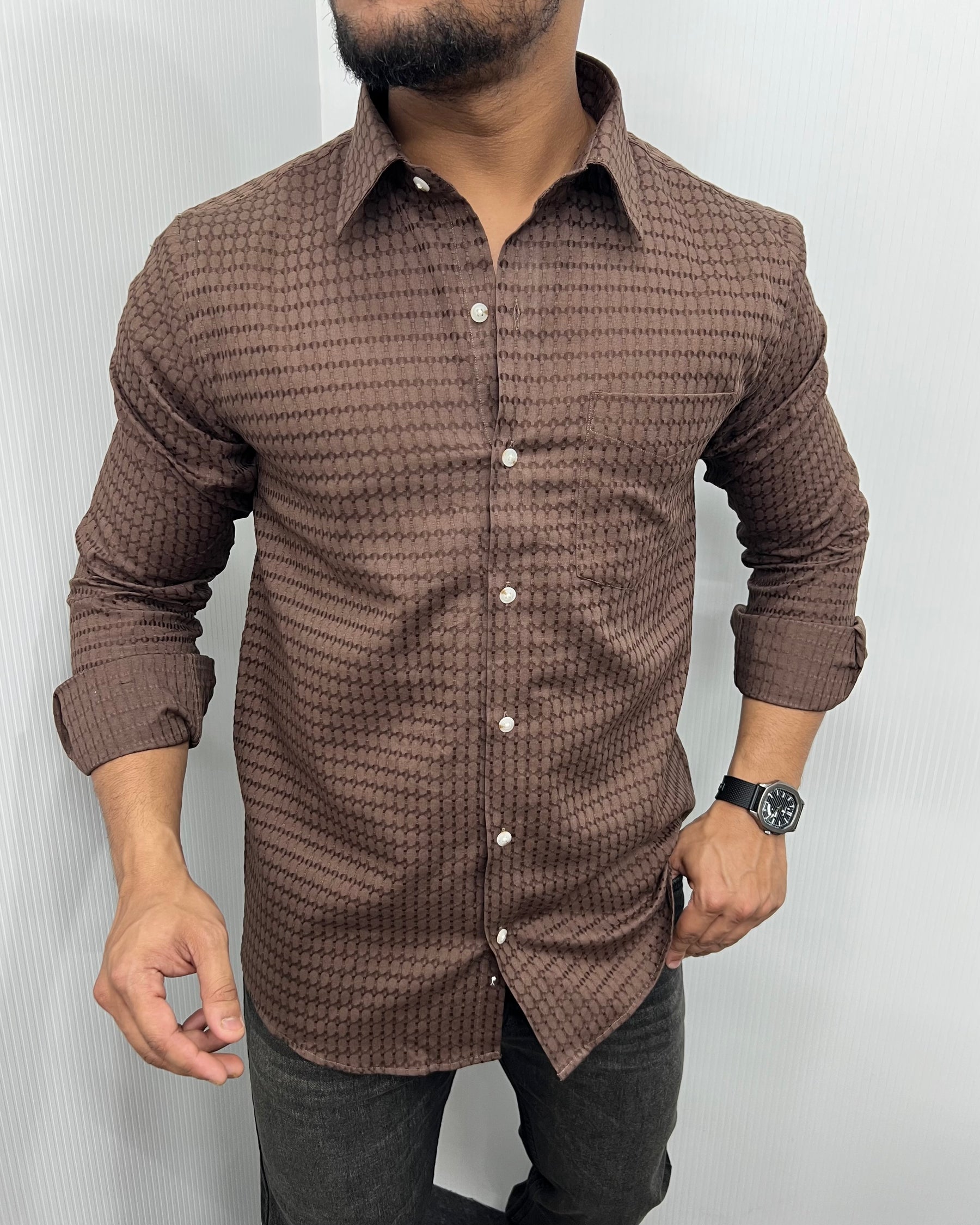 Brown Self Embroidery Shirt
